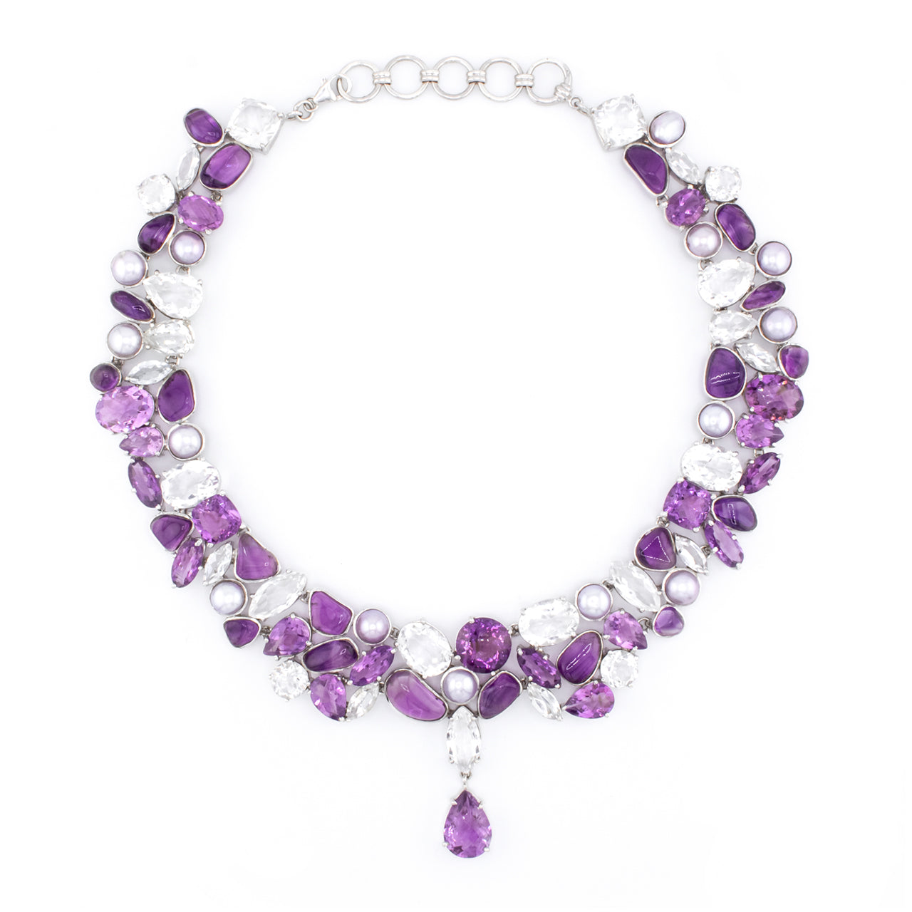 Starborn Amethyst, Freshwater Pearl and Quartz Necklace in Sterling Silver - One piece
