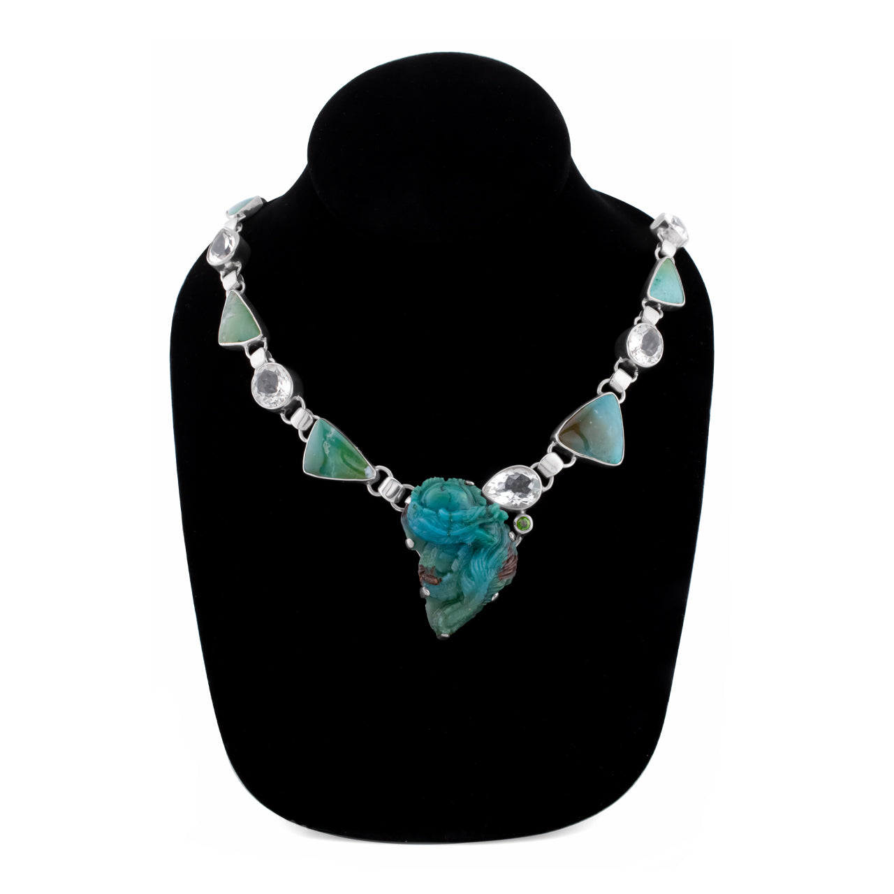 Starborn Gem Silica, White Topaz and Chrome Diopside Necklace with Hand-Carved Dragon in Sterling Silver - One piece