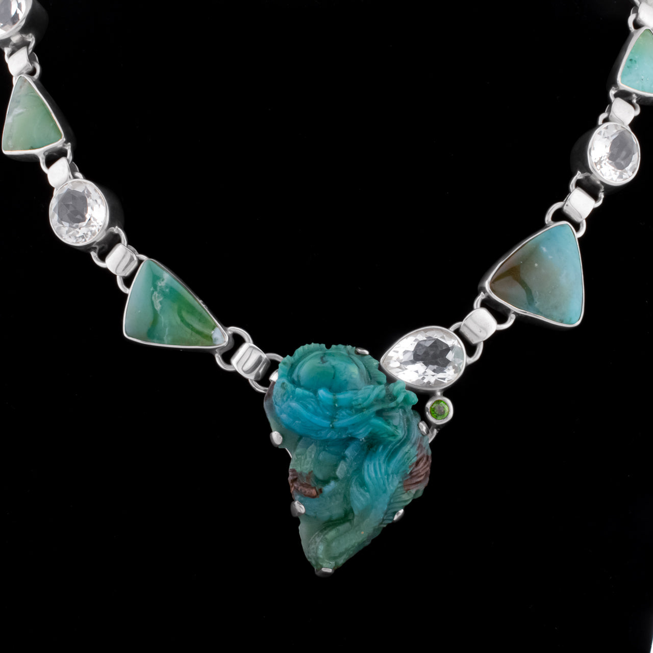 Starborn Gem Silica, White Topaz and Chrome Diopside Necklace with Hand-Carved Dragon in Sterling Silver - One piece