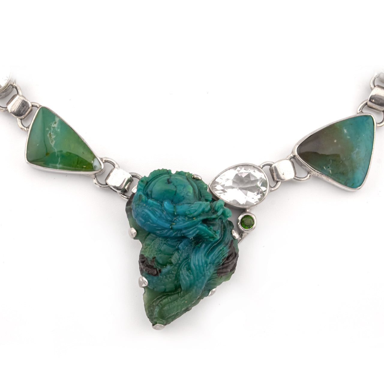 Starborn Gem Silica, White Topaz and Chrome Diopside Necklace with Hand-Carved Dragon in Sterling Silver - One piece
