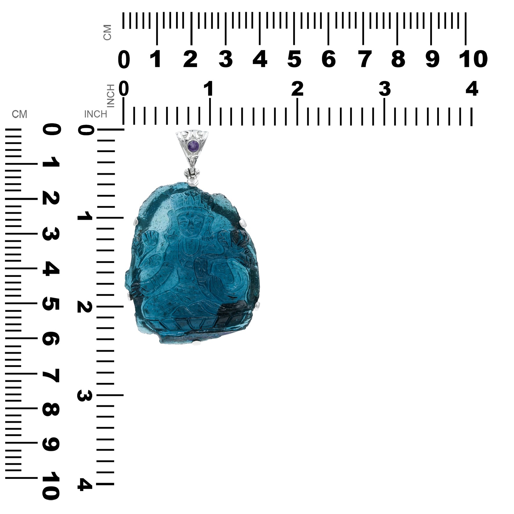 Starborn Hand-Carved Roman Glass Tara Goddes Pendant with Filigree Bale Amethyst in Sterling Silver