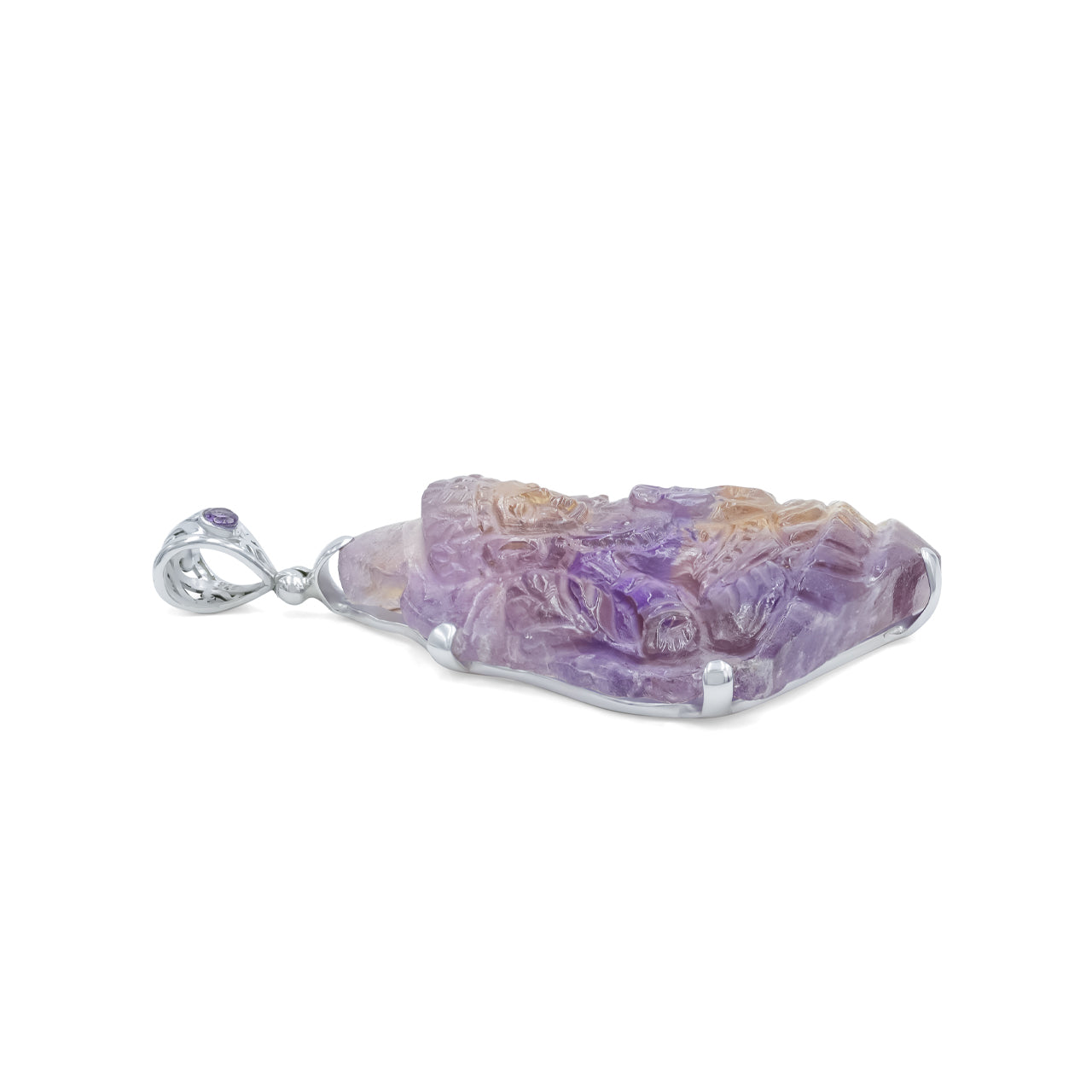 Starborn Hand-Carved Ametrine Tara Goddes Pendant with Filigree Bale Amethyst in Sterling Silver