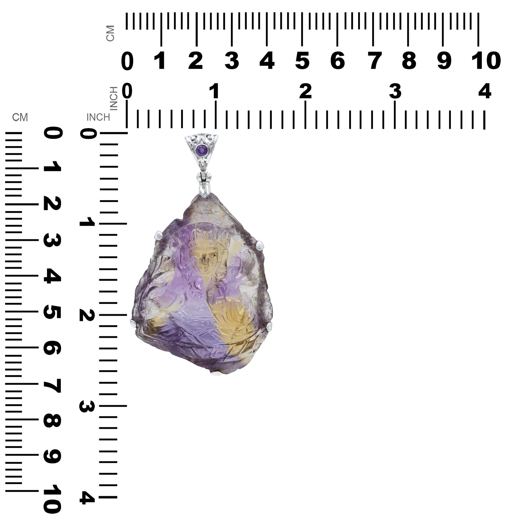 Starborn Hand-Carved Ametrine Tara Goddes Pendant with Filigree Bale Amethyst in Sterling Silver