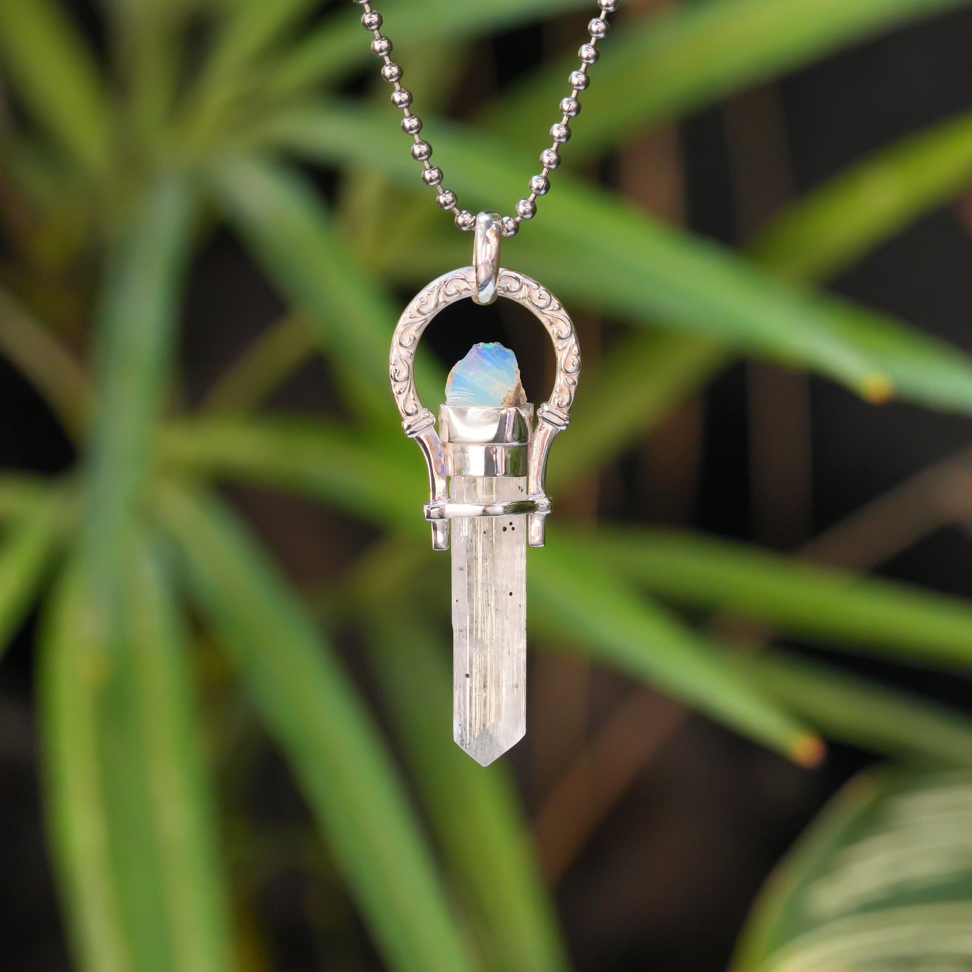 Starborn Danburite Crystal + Ethiopian Opal Horseshoe Pendant in Sterling Silver
