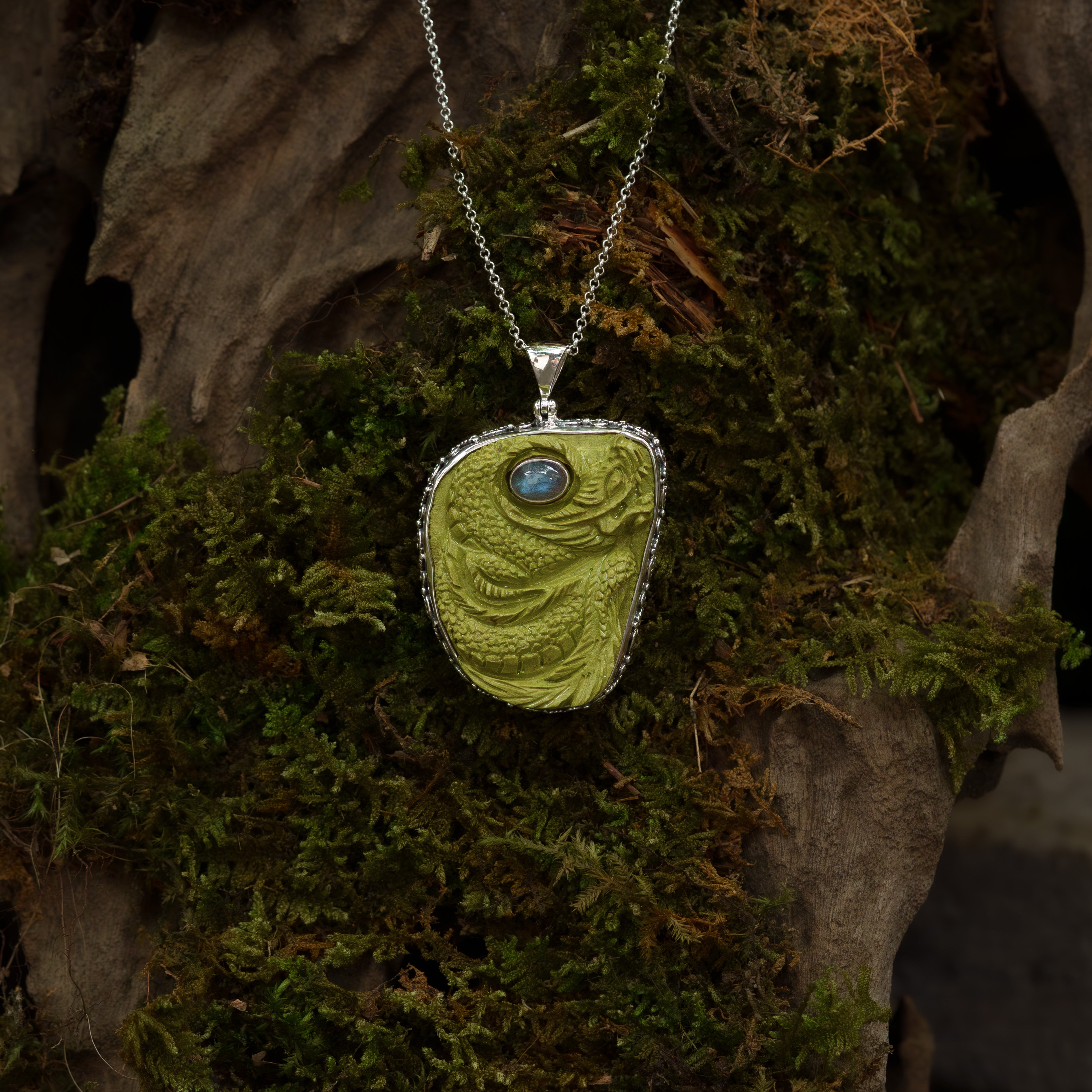 Starborn Nontronite Dragon Carving with Labradorite Accent Pendant in Sterling Silver