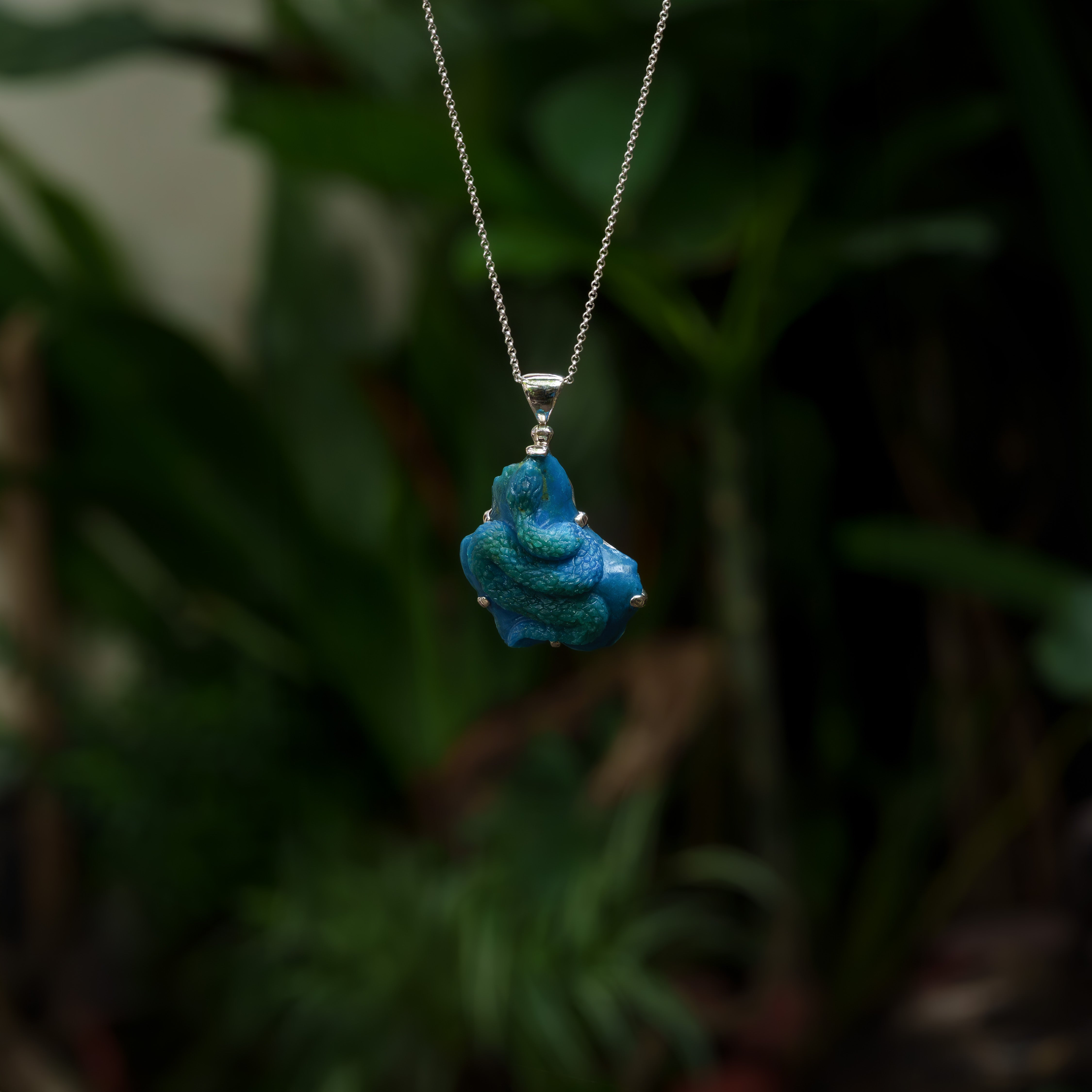 Starborn Hand-Carved Peruvian Blue Opal Snake Carving Pendant in Sterling Silver