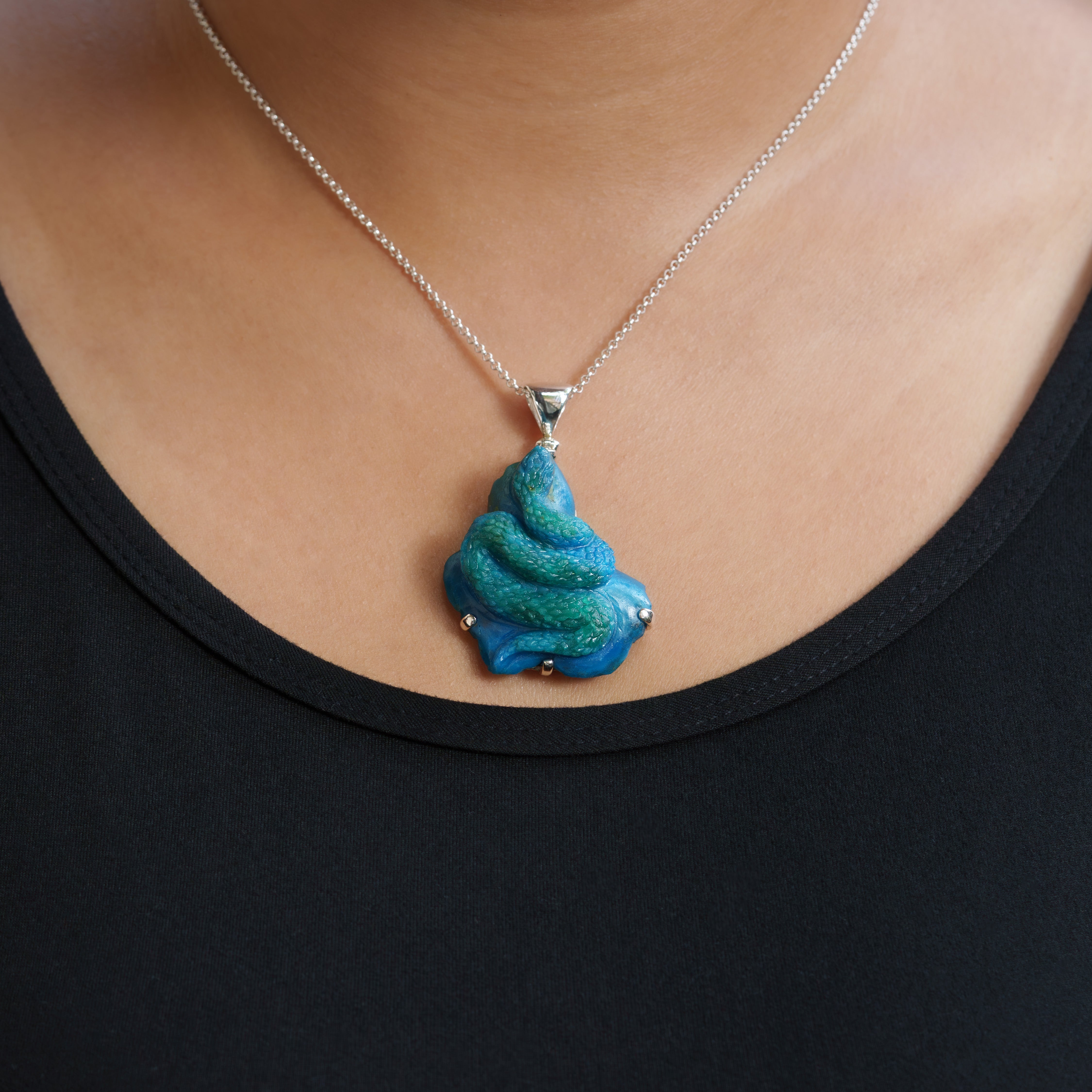 Starborn Hand-Carved Peruvian Blue Opal Snake Carving Pendant in Sterling Silver