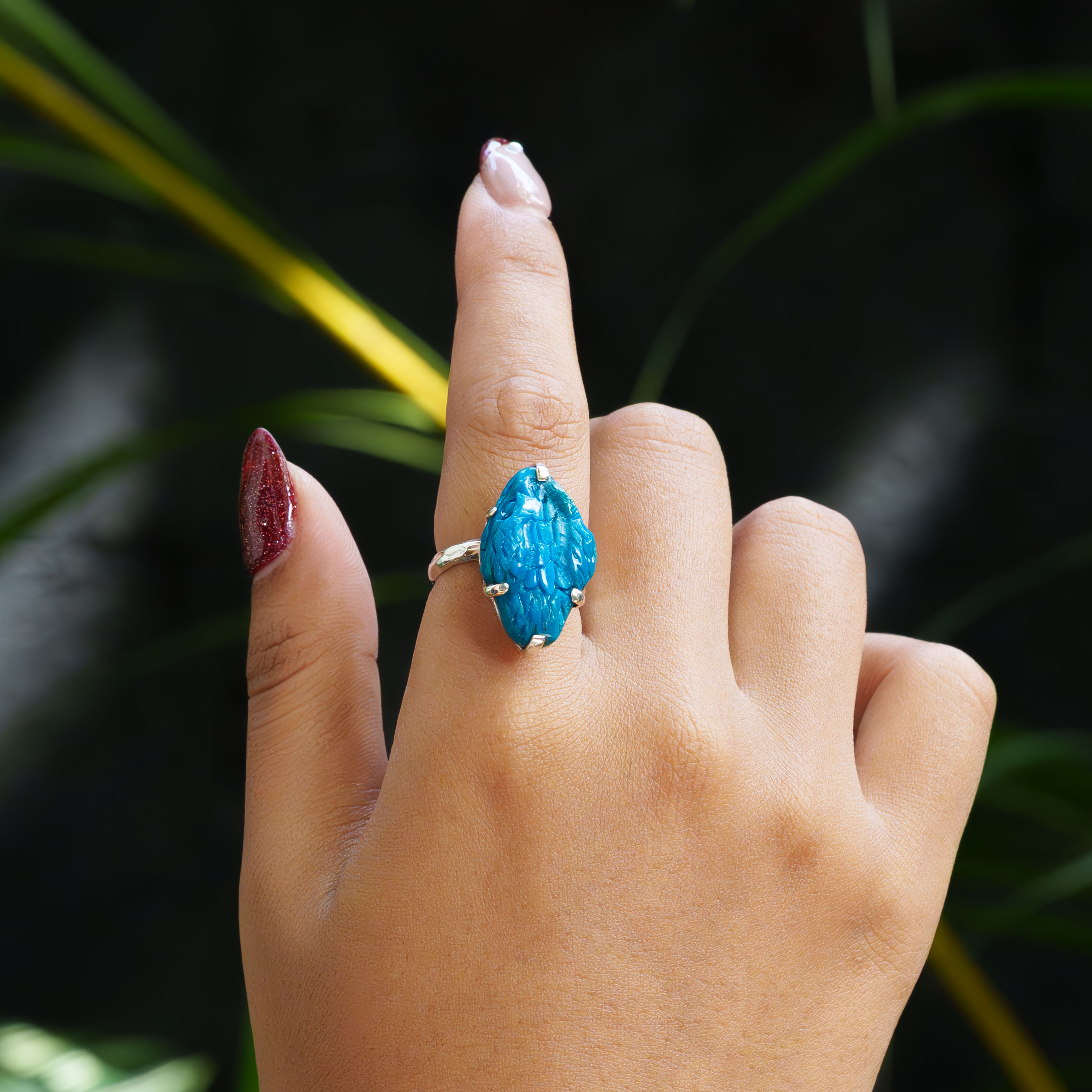 Starborn Hand-Carved Peruvian Blue Opal Snake Head Ring in Sterling Silver - Size 6