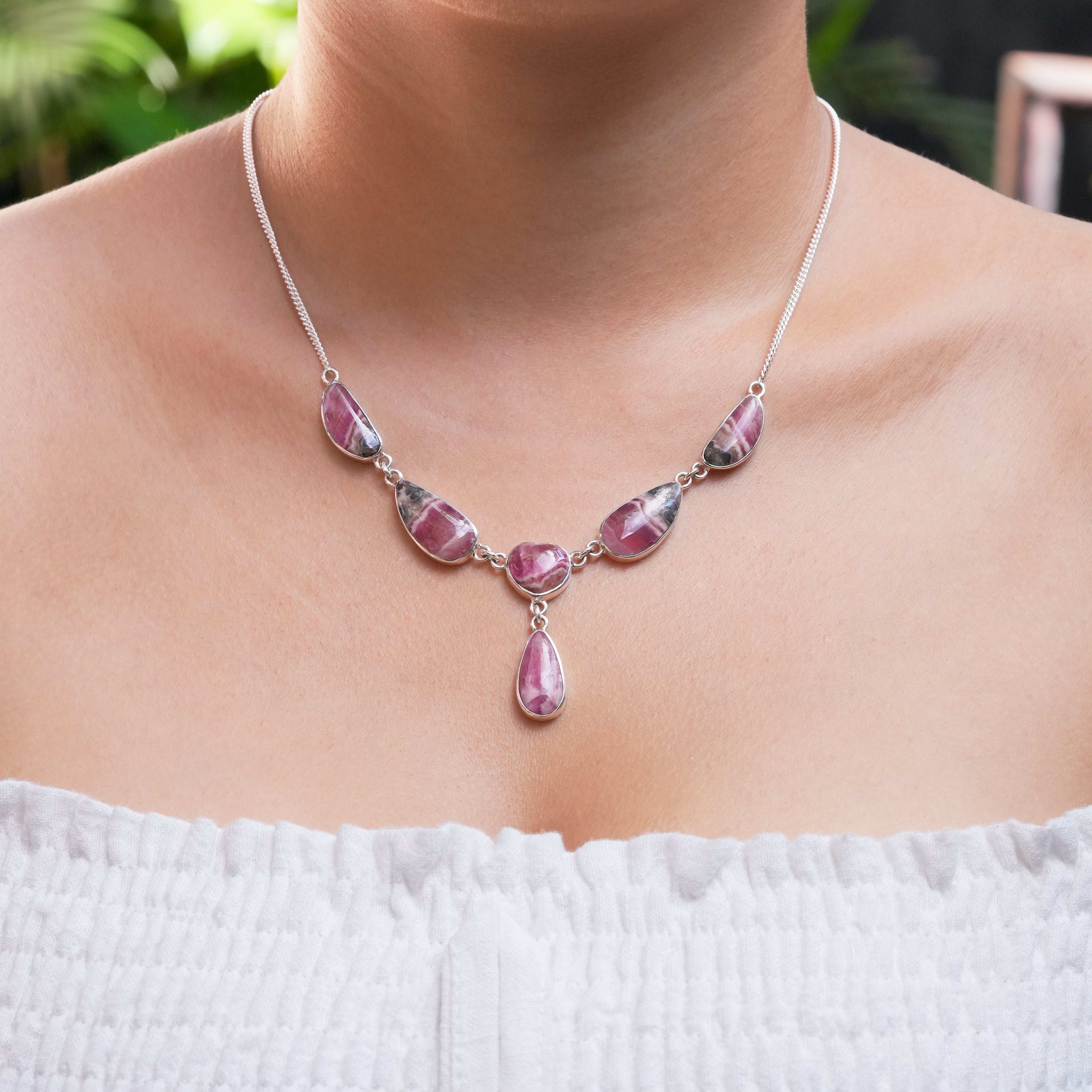 Starborn Pink Cobalto Calcite Cabochon Adjustable Necklace with 6 Hand-Selected Gems in Sterling Silver