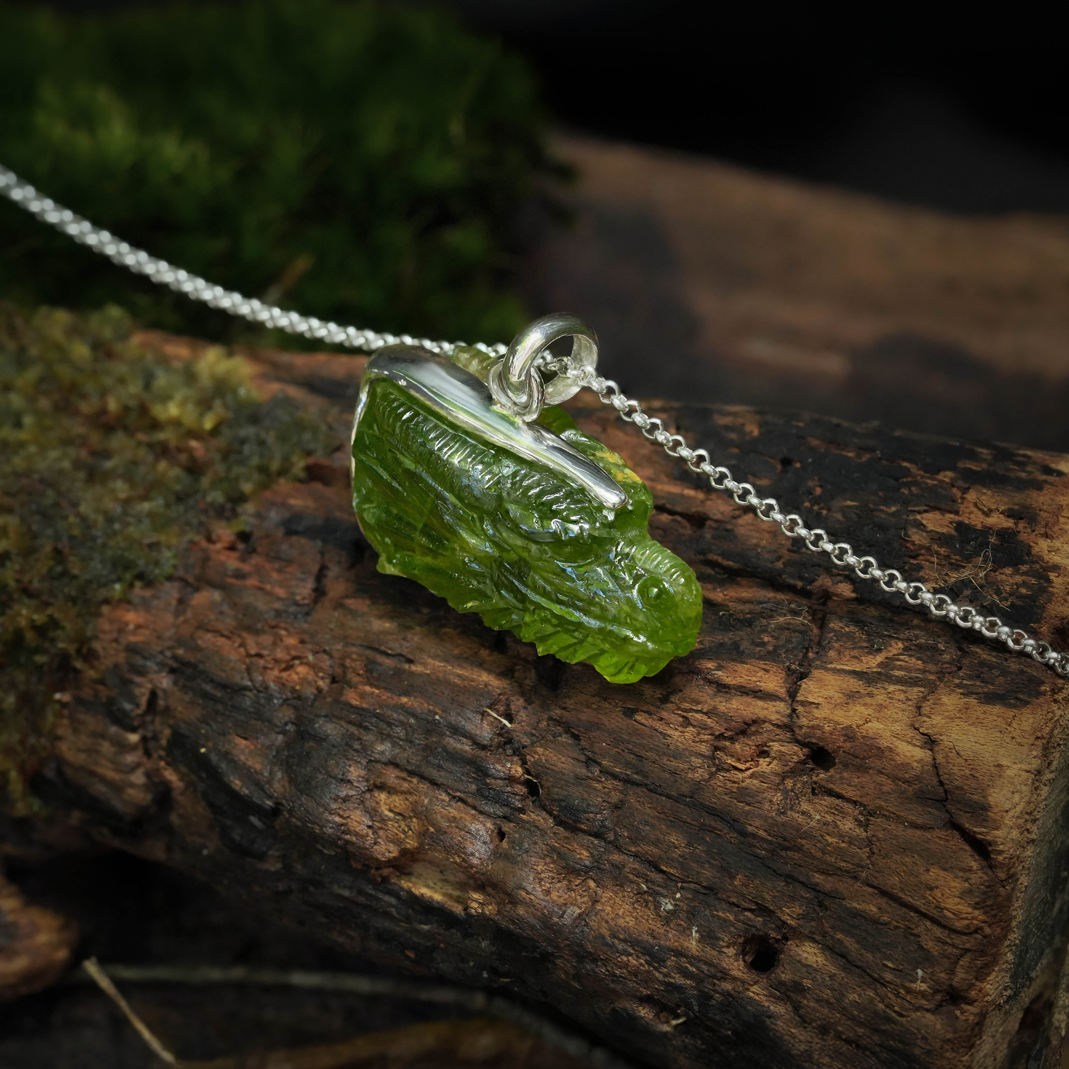 Starborn Hand-Carved Arizona Peridot Dragon Head Pendant in Sterling SIlver