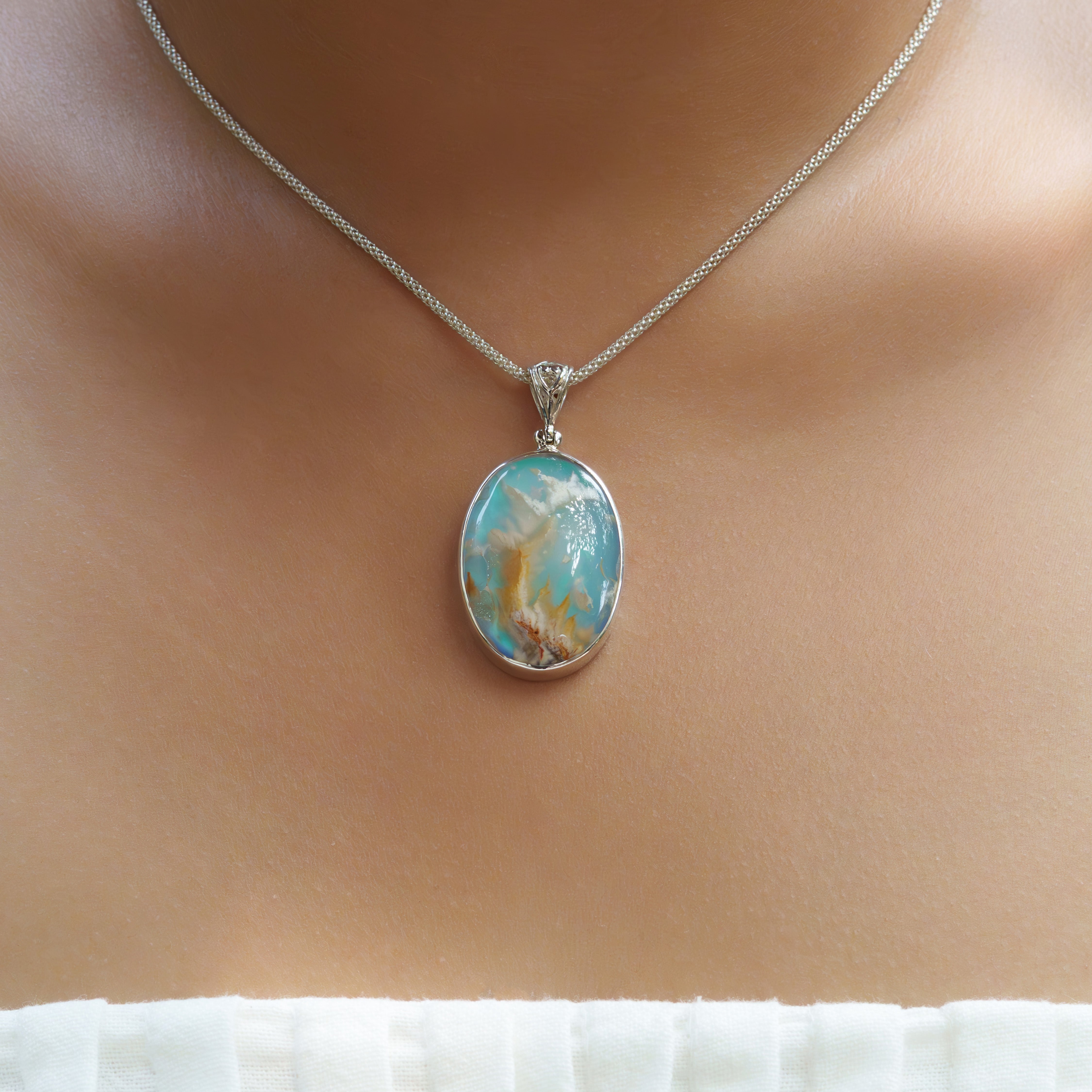 Starborn Plume Agate Aura Triplet Oval Large Pendant in Sterling Silver