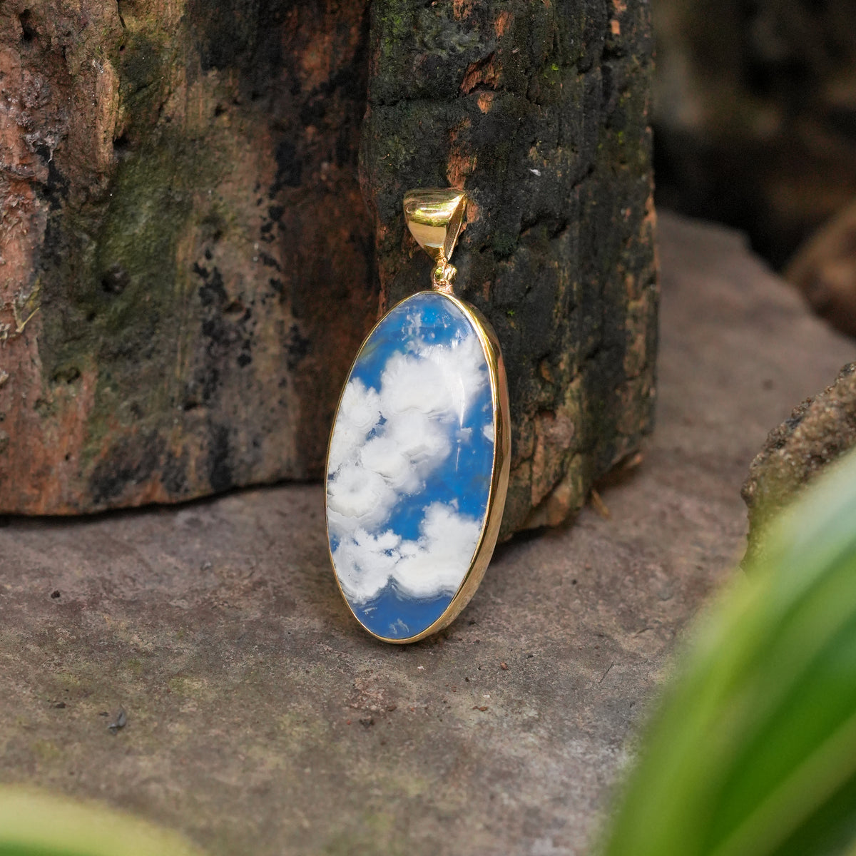Starborn Sky Blue Plume Agate Pendant in Nordic Gold