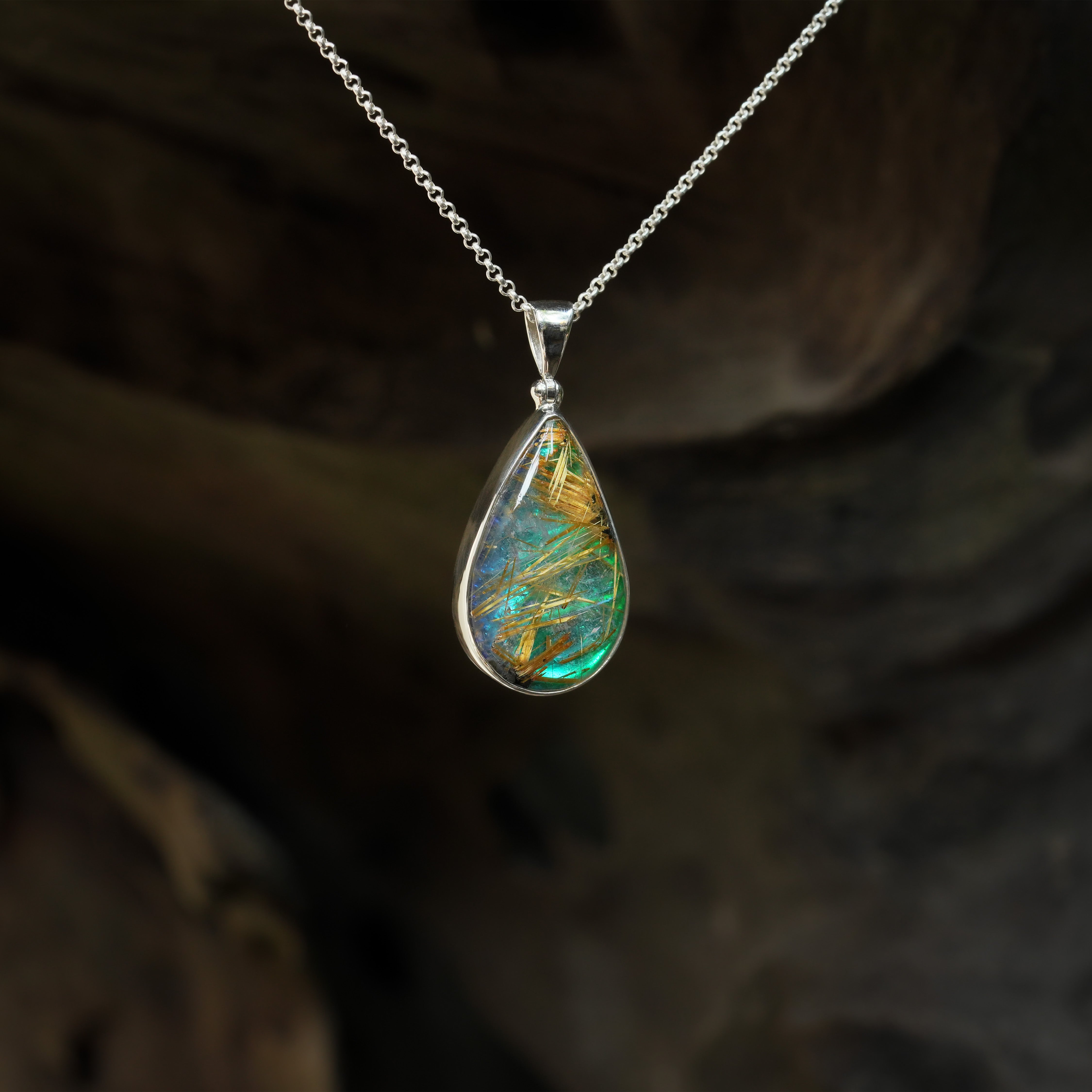 Starborn Rutilated Quartz Aura Triplet Pear Pendant in Fine Sterling Silver - 1 Piece