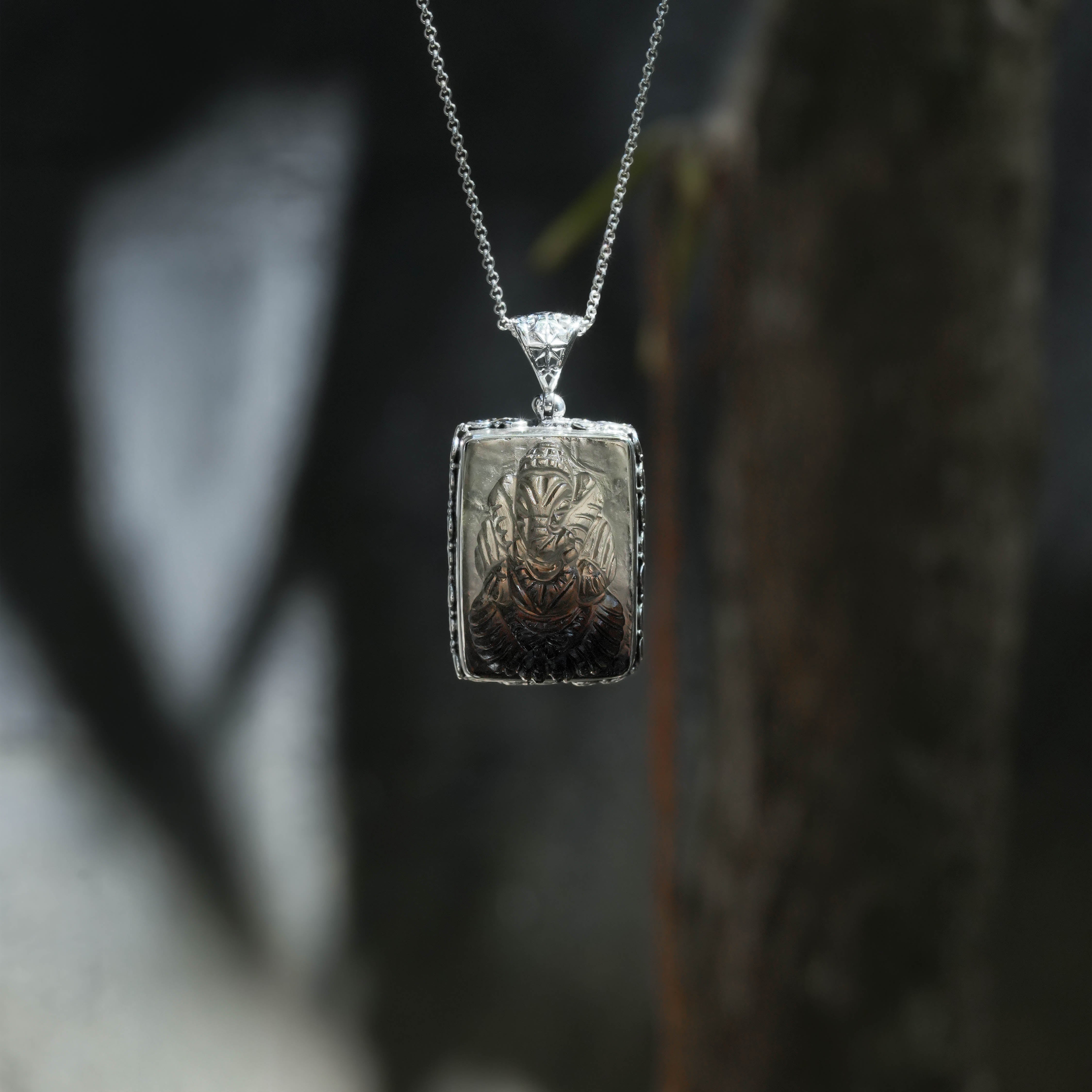 Starborn Hand-Carved Smokey Quartz Ganesha Carving Pendant in Sterling Silver 1.95" Tall - 1 piece