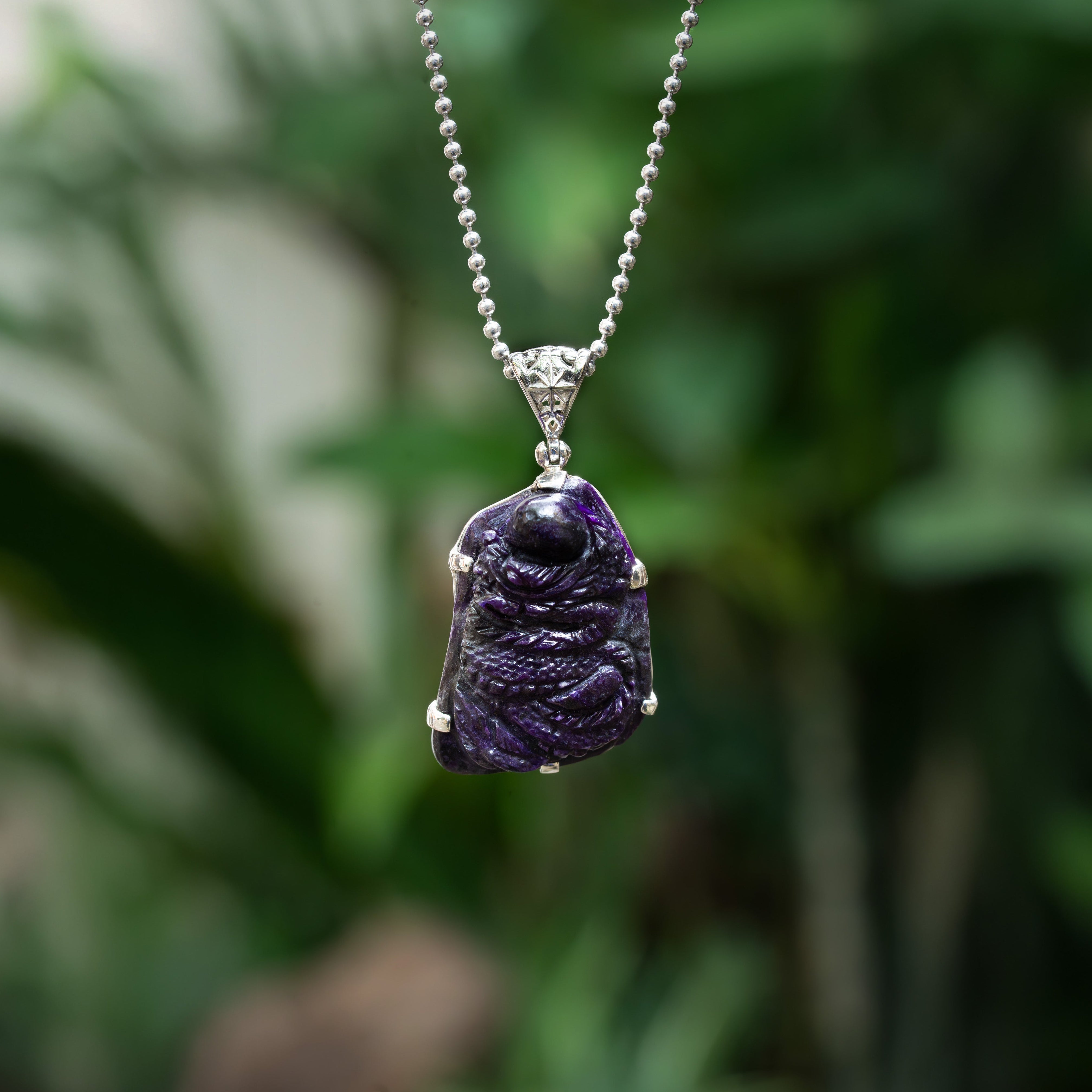 Starborn Hand-Carved Sugilite Dragon Pendant in Sterling Silver