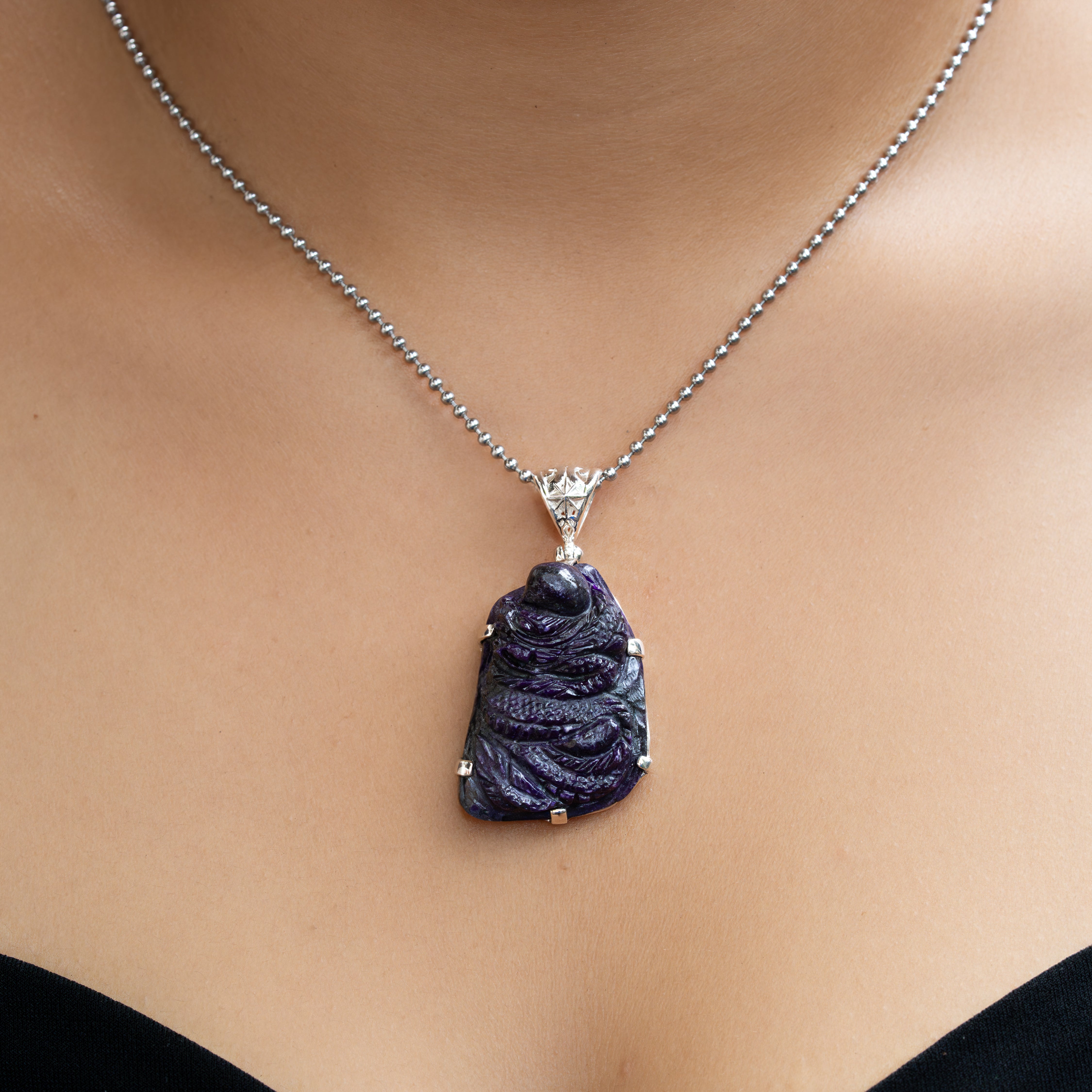 Starborn Hand-Carved Sugilite Dragon Pendant in Sterling Silver