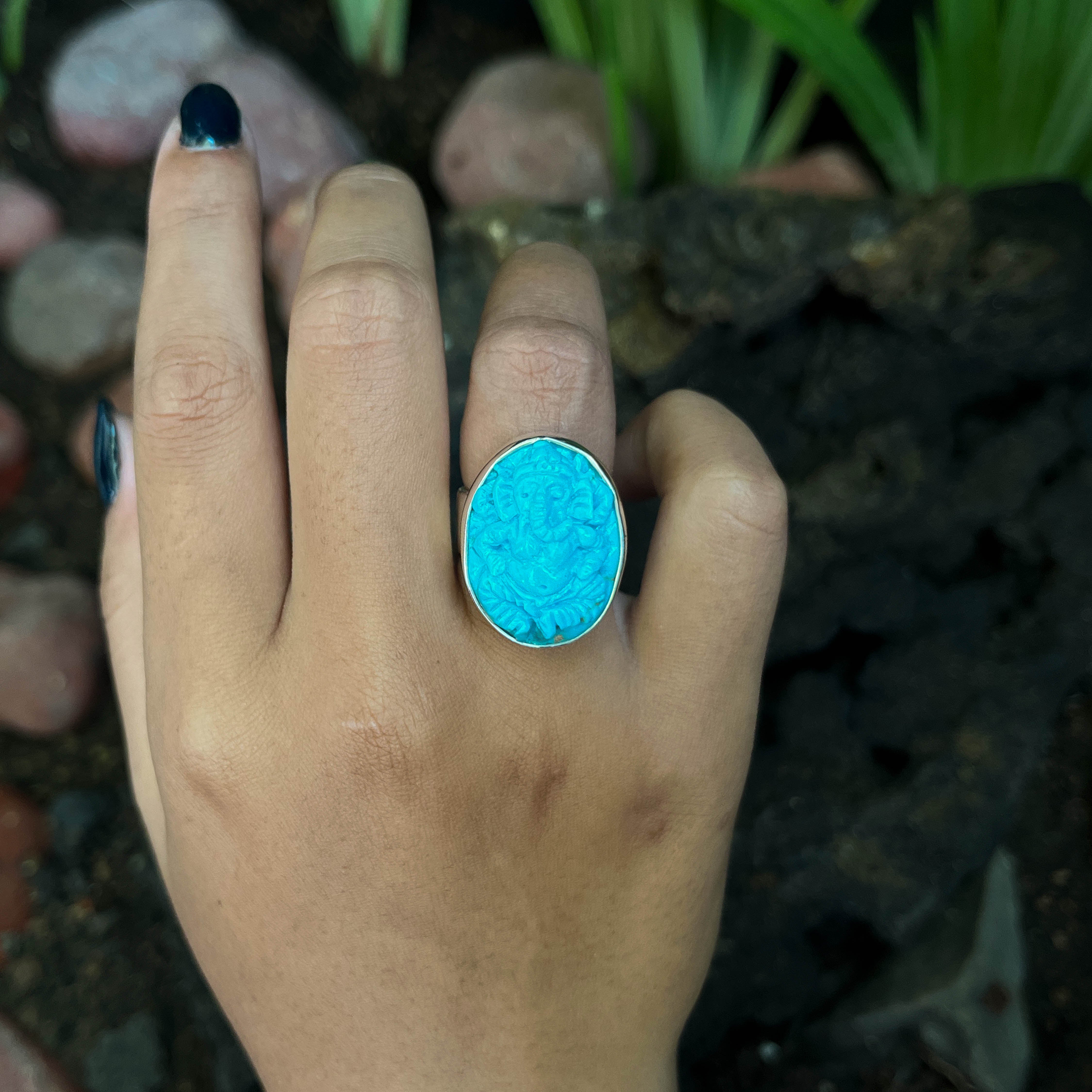 Starborn handgeschnitzter Türkis Ganesha Ring aus Sterlingsilber – Größe 6
