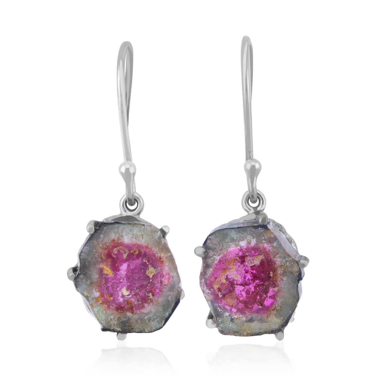 Starborn Watermelon Tourmaline Silce Prongset Dangle Earrings in Sterling Silver