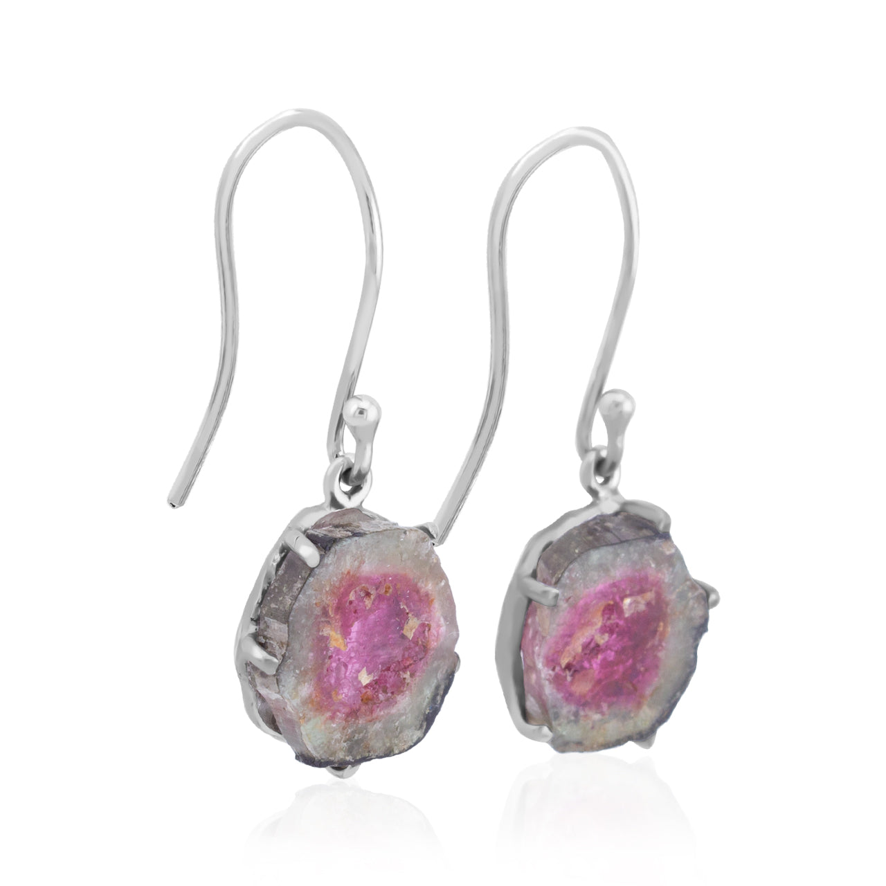 Starborn Watermelon Tourmaline Silce Prongset Dangle Earrings in Sterling Silver