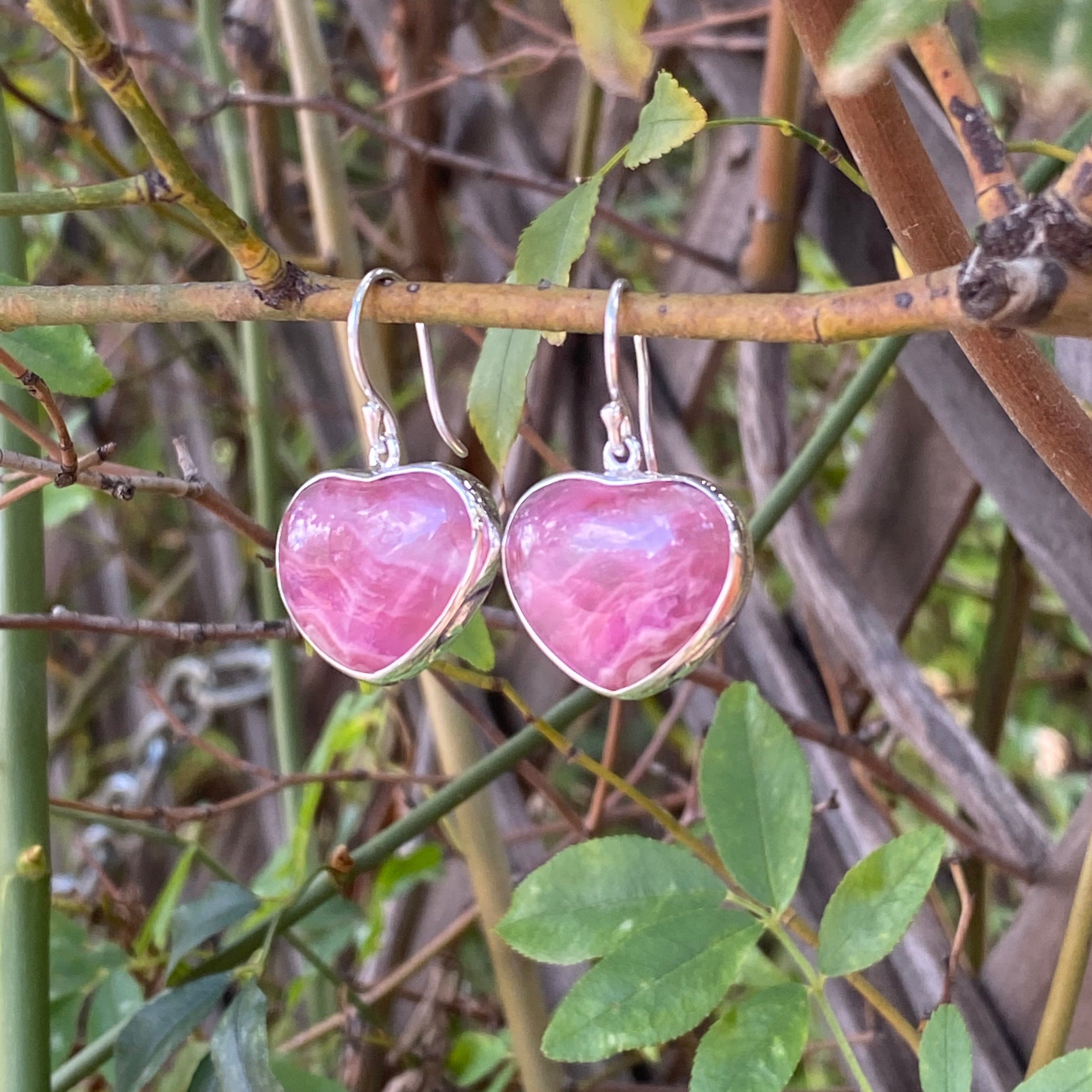 Pink Cobalto Calcite Heart Dangle Earrings in Sterlin Silver