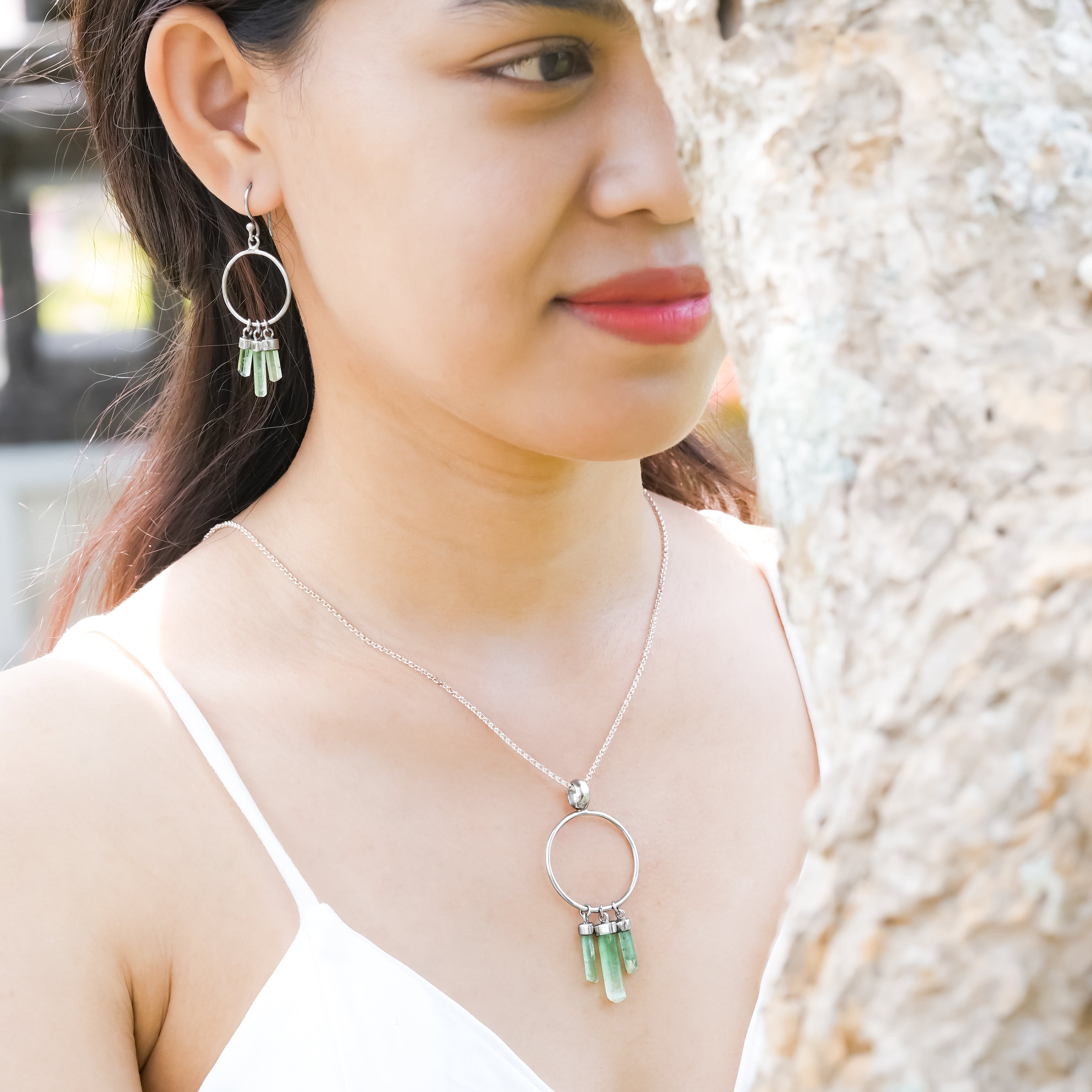 Starborn Green Tourmaline Boho Pendant and Earring Set in Sterling Silver