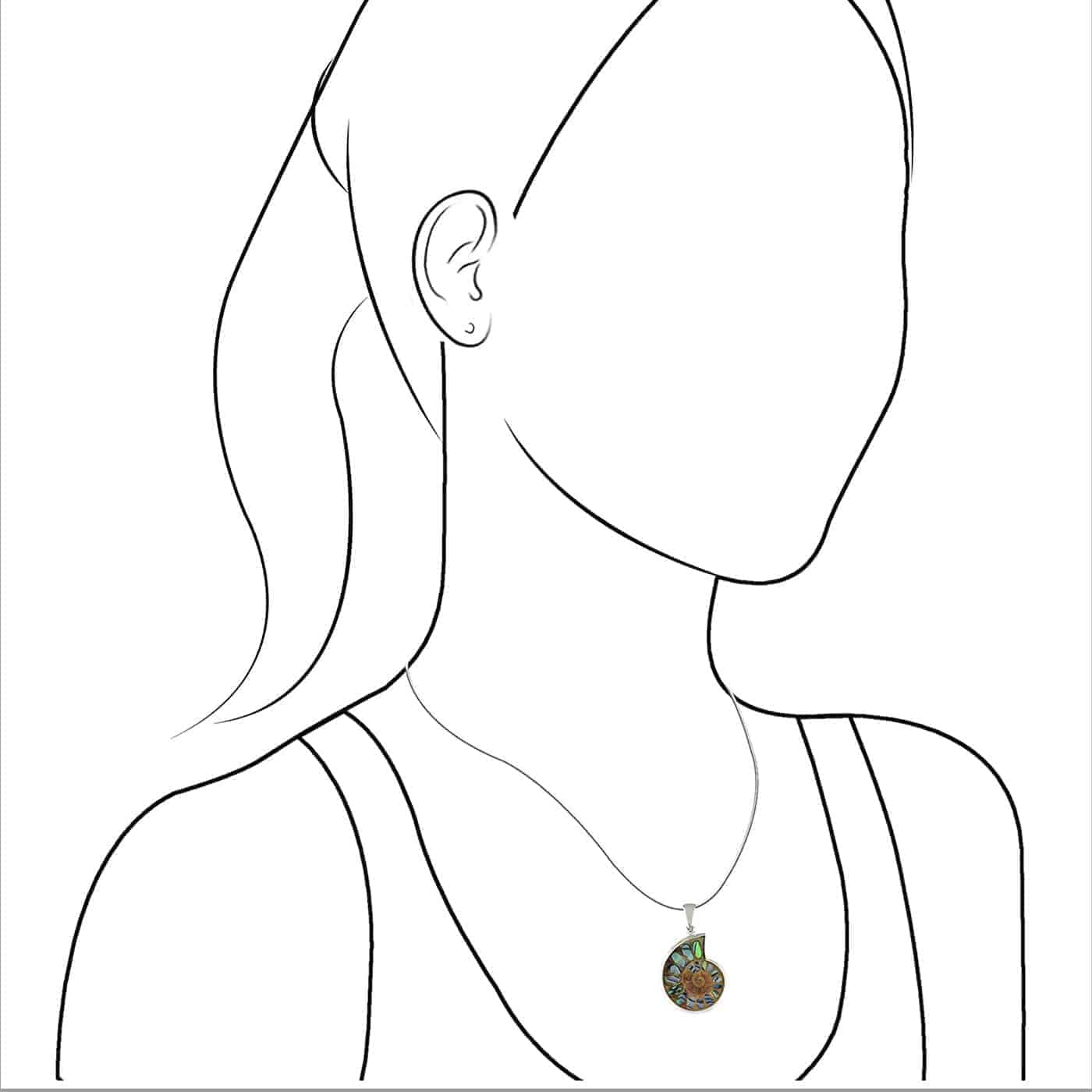 Illustration showing the Ammonite with Abalone Shell inlay pendant worn on a female model for size reference.