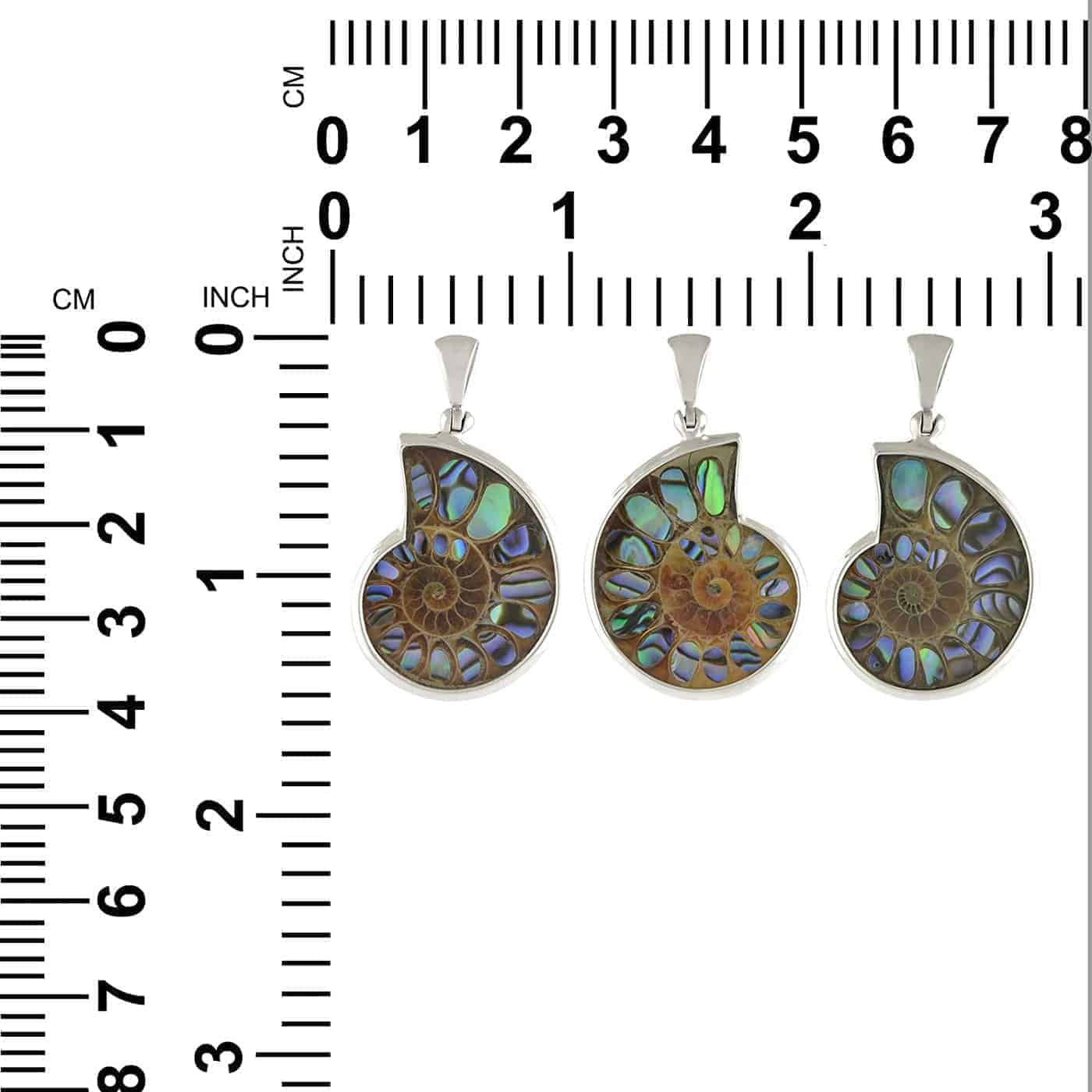 The pendant displayed beside a measurement guide, with dimensions shown in inches and millimeters.