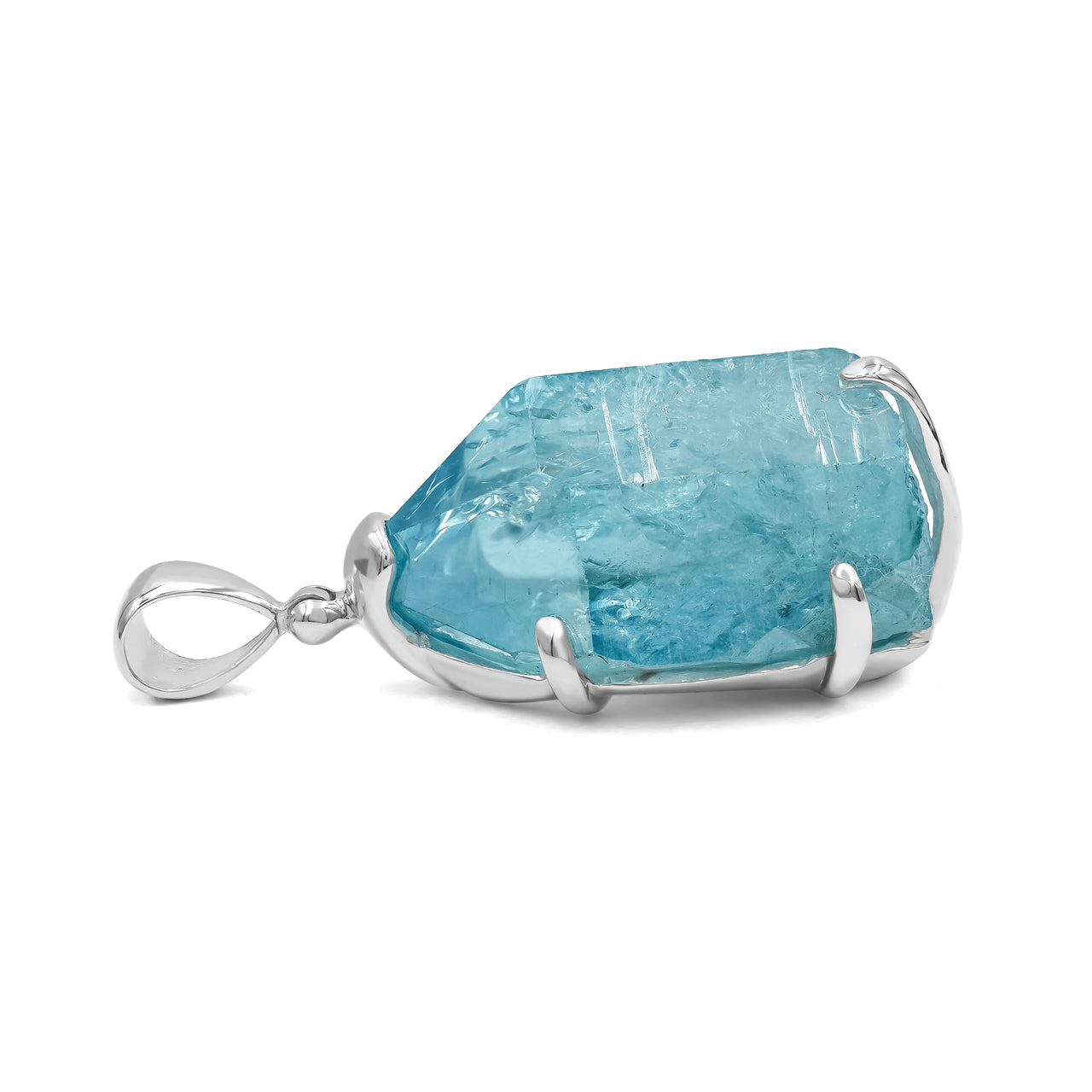 Side profile view of the pendant showing the thickness of the blue Aqua Aura Quartz crystal and the structure of the prong setting and bail.