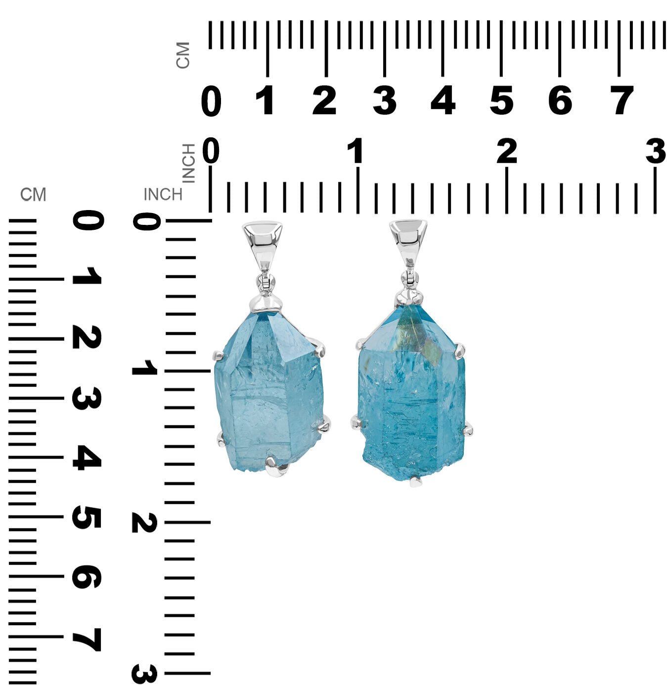 Pair of pendants displayed next to a measurement chart showing height and width in millimeters and inches.