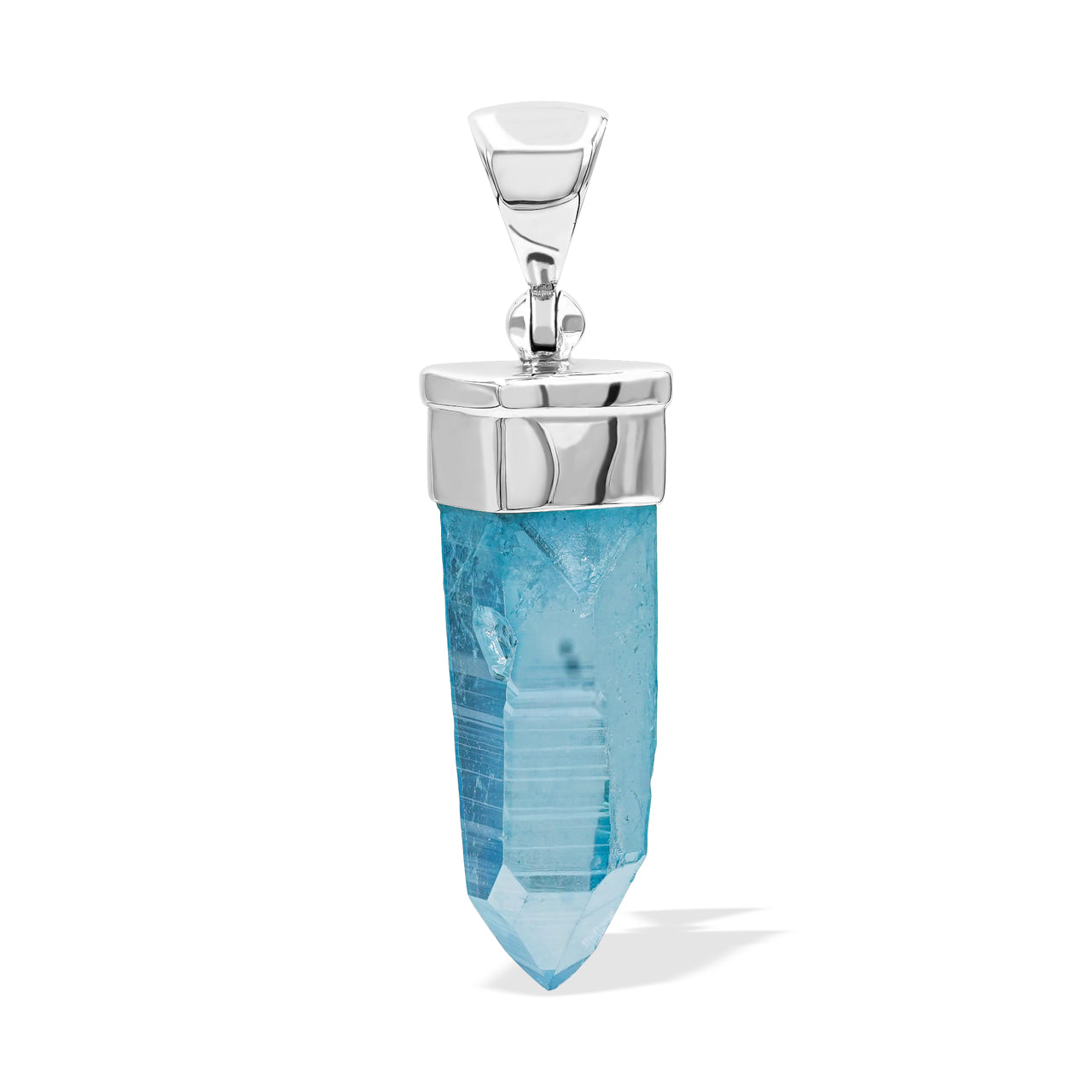 Alternate front‑view image of the pendant with the long blue Aqua Aura Quartz crystal held in a silver cap.