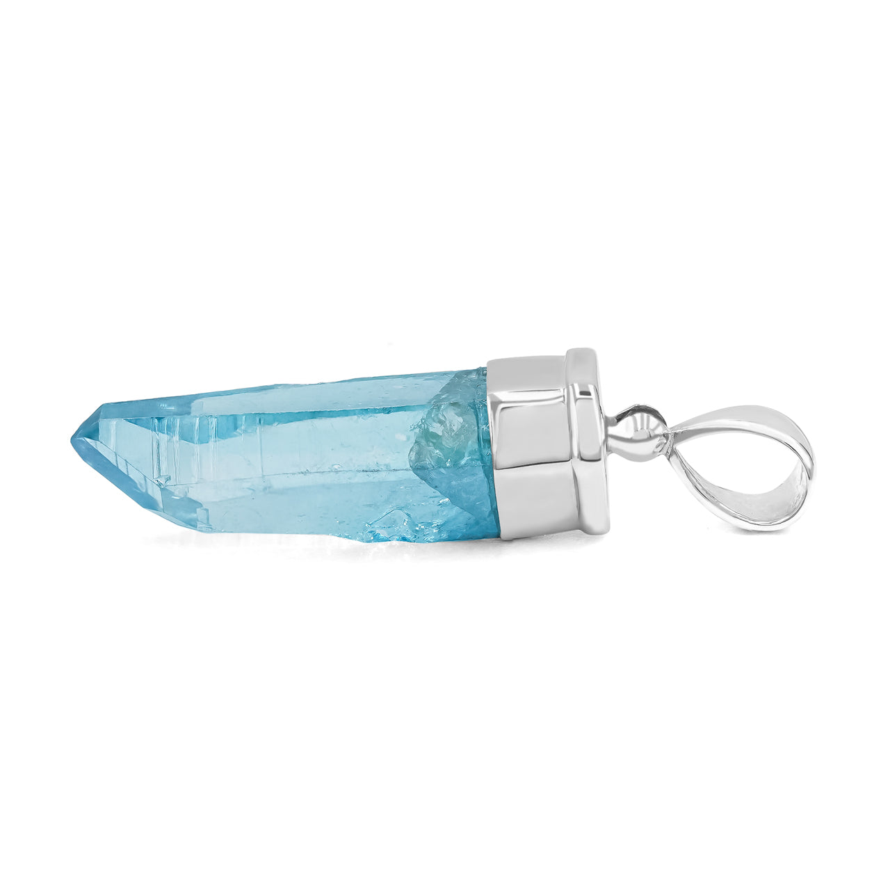 Side profile view of the pendant showing the thickness and uneven surface of the blue Aqua Aura Quartz crystal.