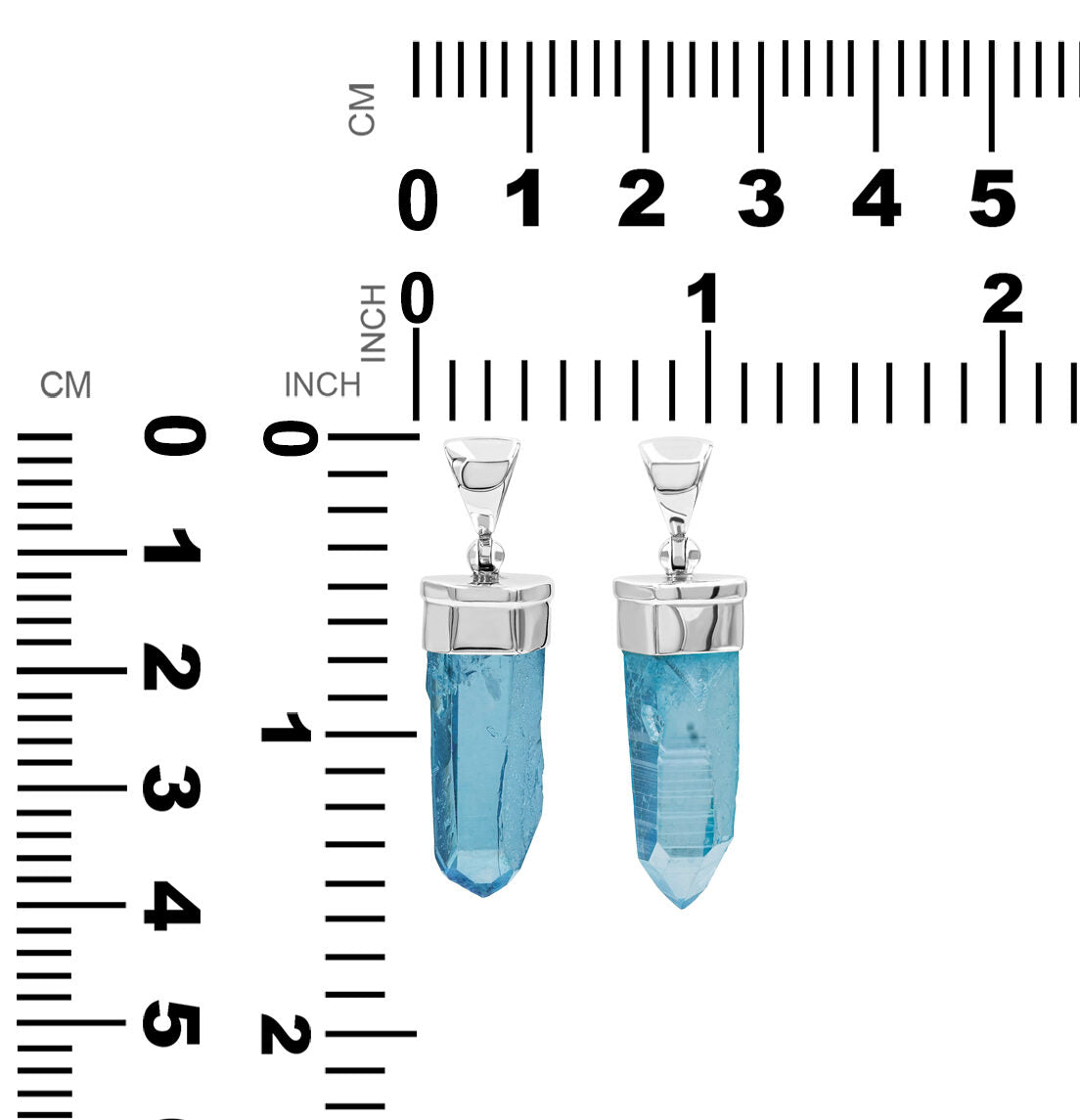 Pair of pendants displayed next to a measurement chart showing height and width in millimeters and inches.