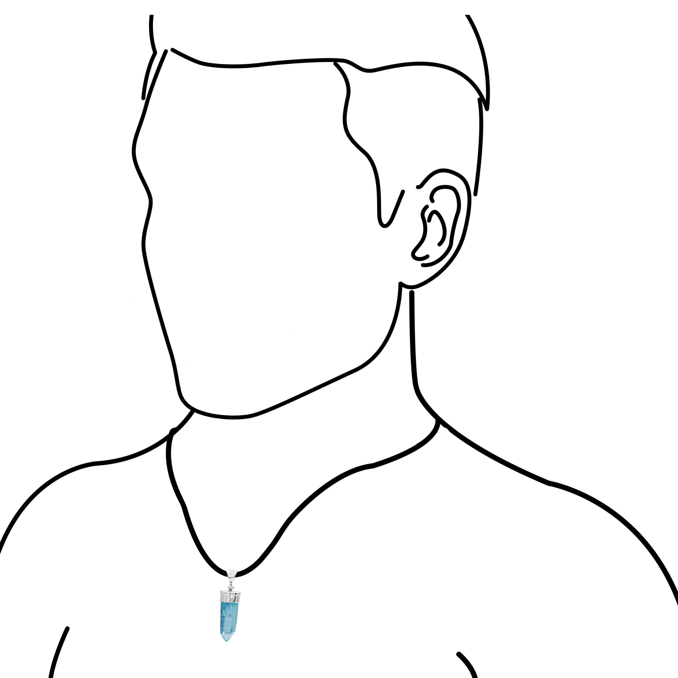 Illustration of a woman wearing the Aqua Aura Quartz crystal pendant necklace for size reference.