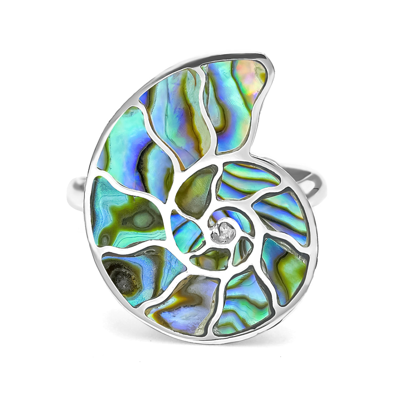 Second front‑view image of a nautilus‑shaped Abalone Shell ring with a Sterling Silver band shown at a slight angle, showcasing natural hue variations.