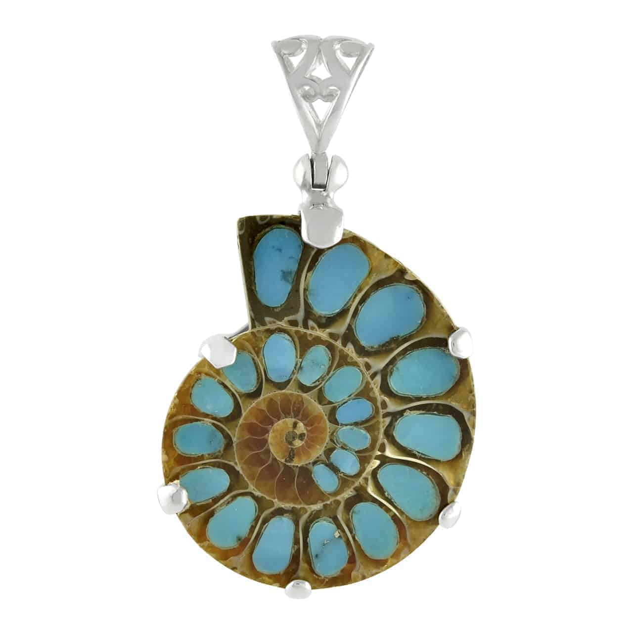 Second front‑view image of an Ammonite pendant with Turquoise inlay set in a Sterling Silver prong setting with a filigree Sterling Silver bail, showcasing variations.