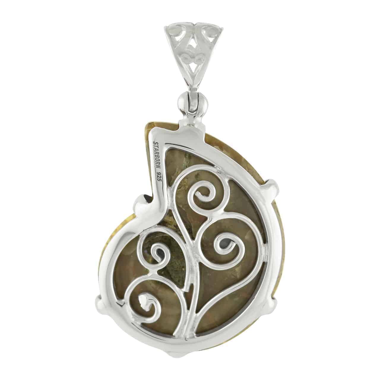 Back-side view of the Ammonite pendant showing the Sterling Silver filigree backing and the filigree bail.