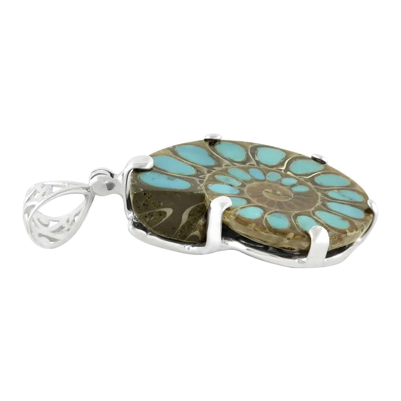 Side‑profile view of the Ammonite pendant with Turquoise inlay showing the thickness of the fossil and the Sterling Silver prong setting.