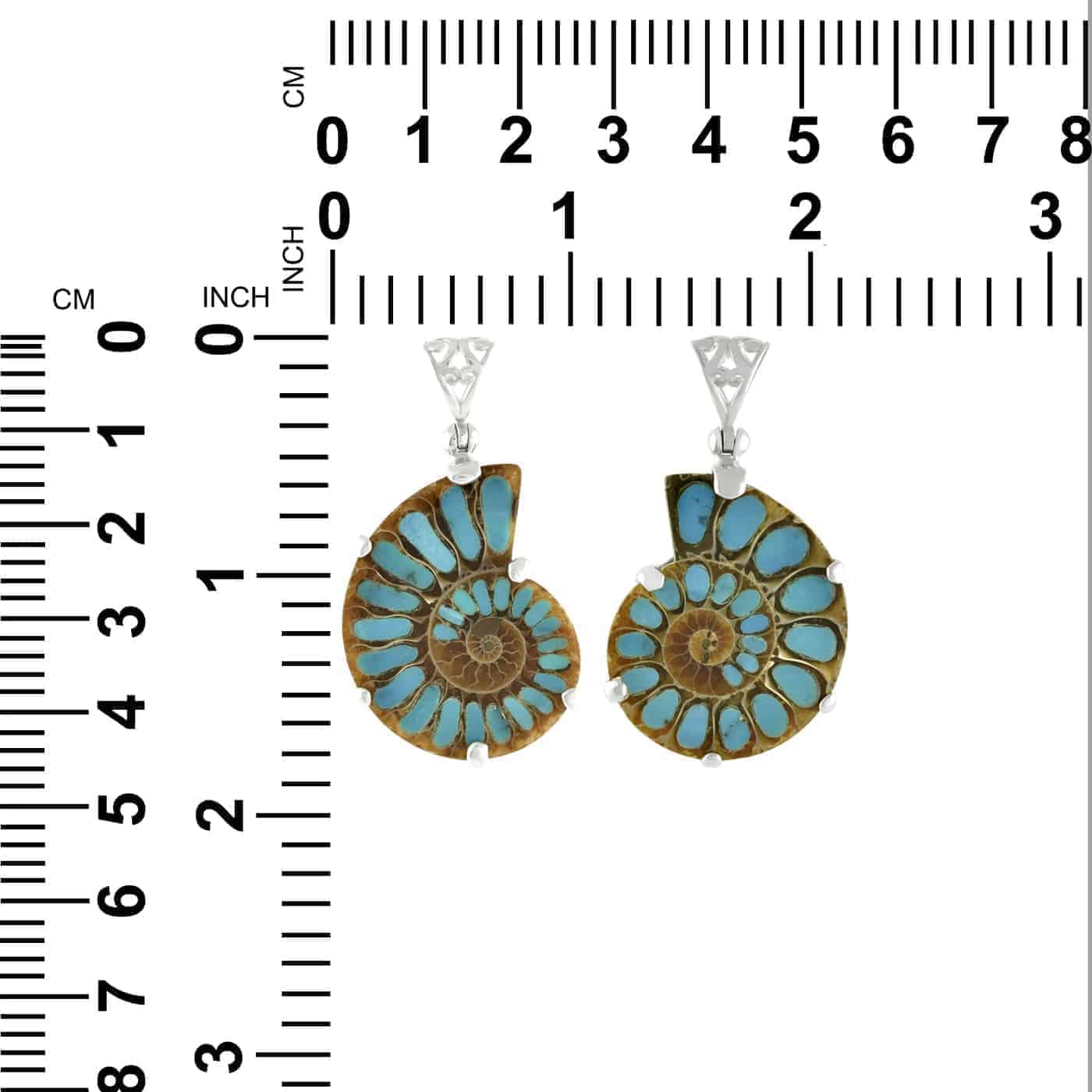Pair of Ammonite with Turquoise inlay pendants displayed beside a measurement guide, with dimensions shown in inches and millimeters.