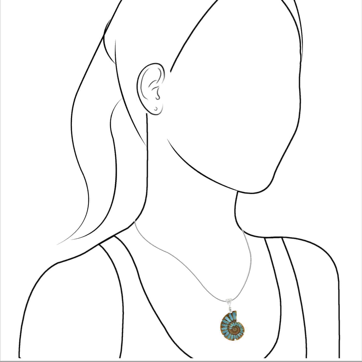 Illustration showing the Ammonite with Turquoise inlay pendant worn on a female model for size reference.