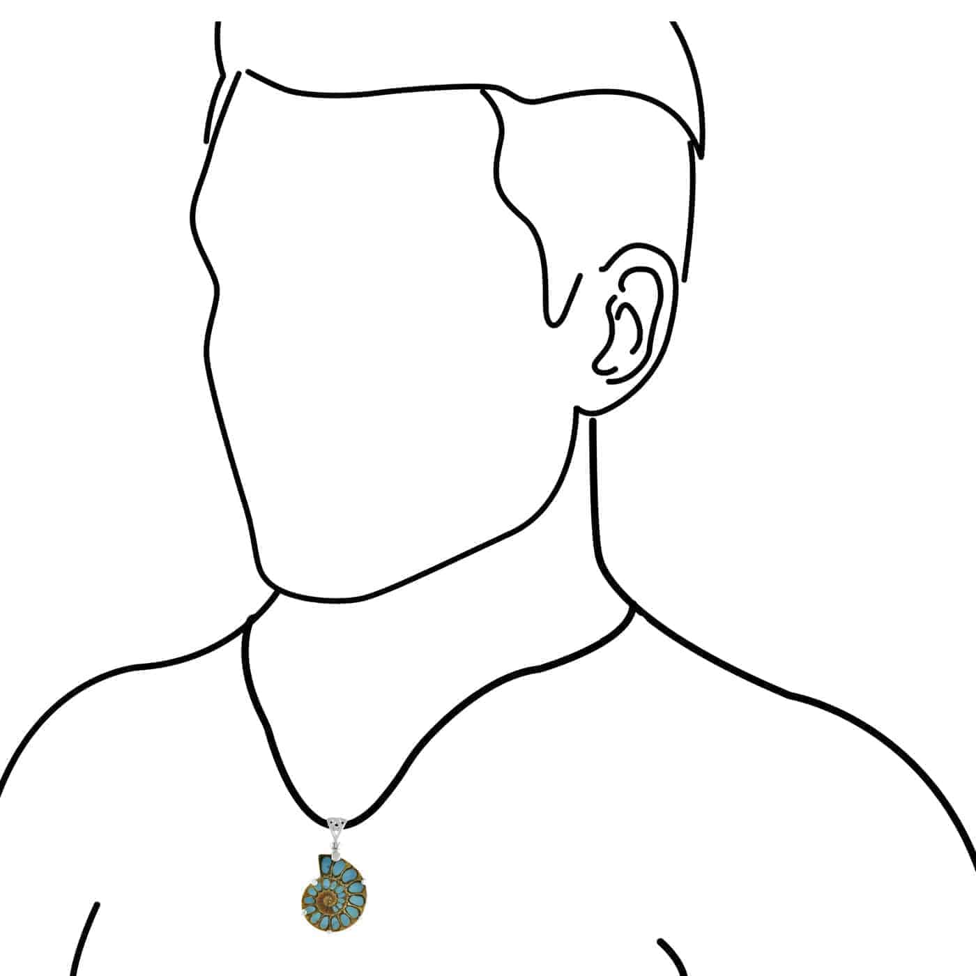 Illustration showing the Ammonite with Turquoise inlay pendant worn on a male model for size reference.