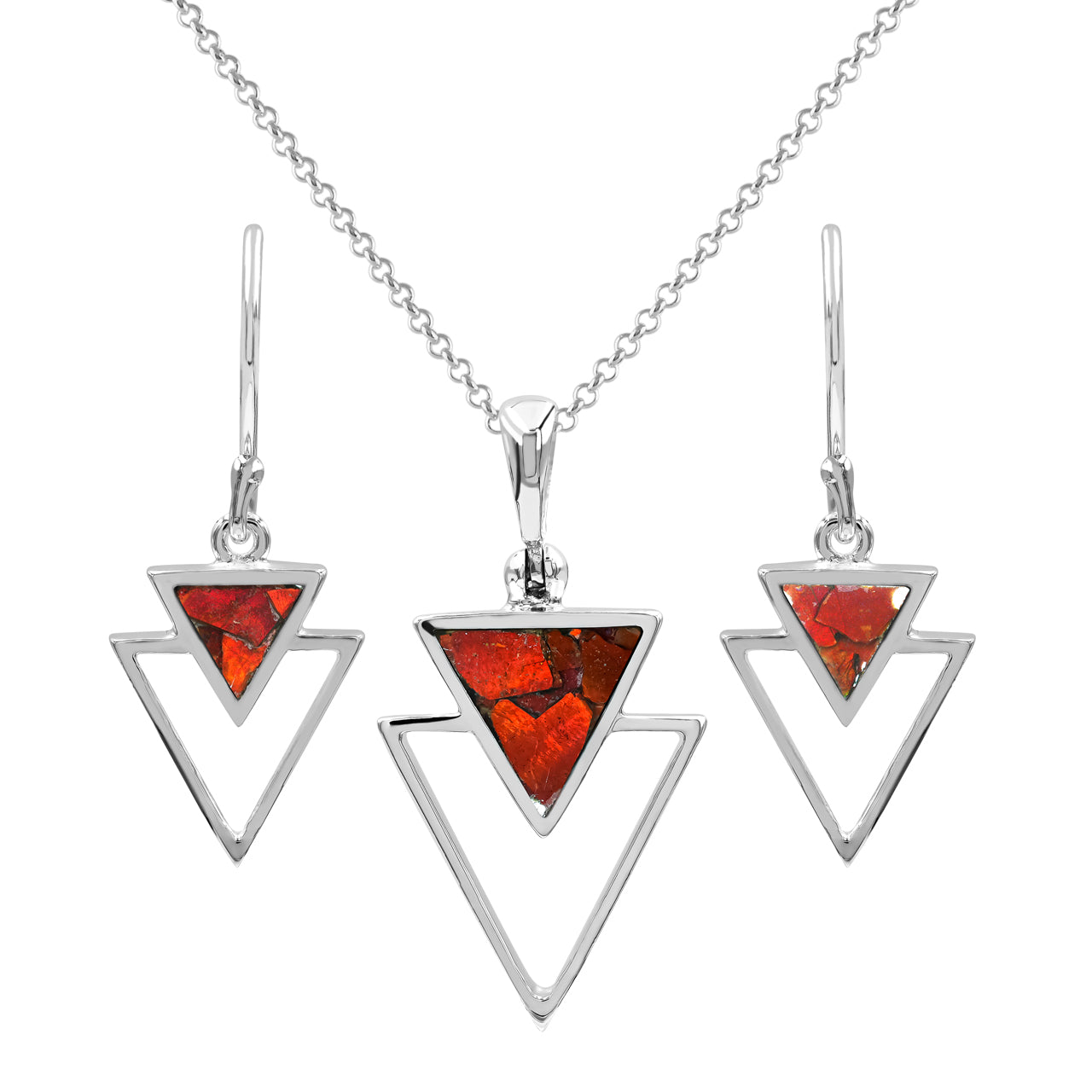 Red Ammolite Stacked Triangle Sets Earring & Pendant