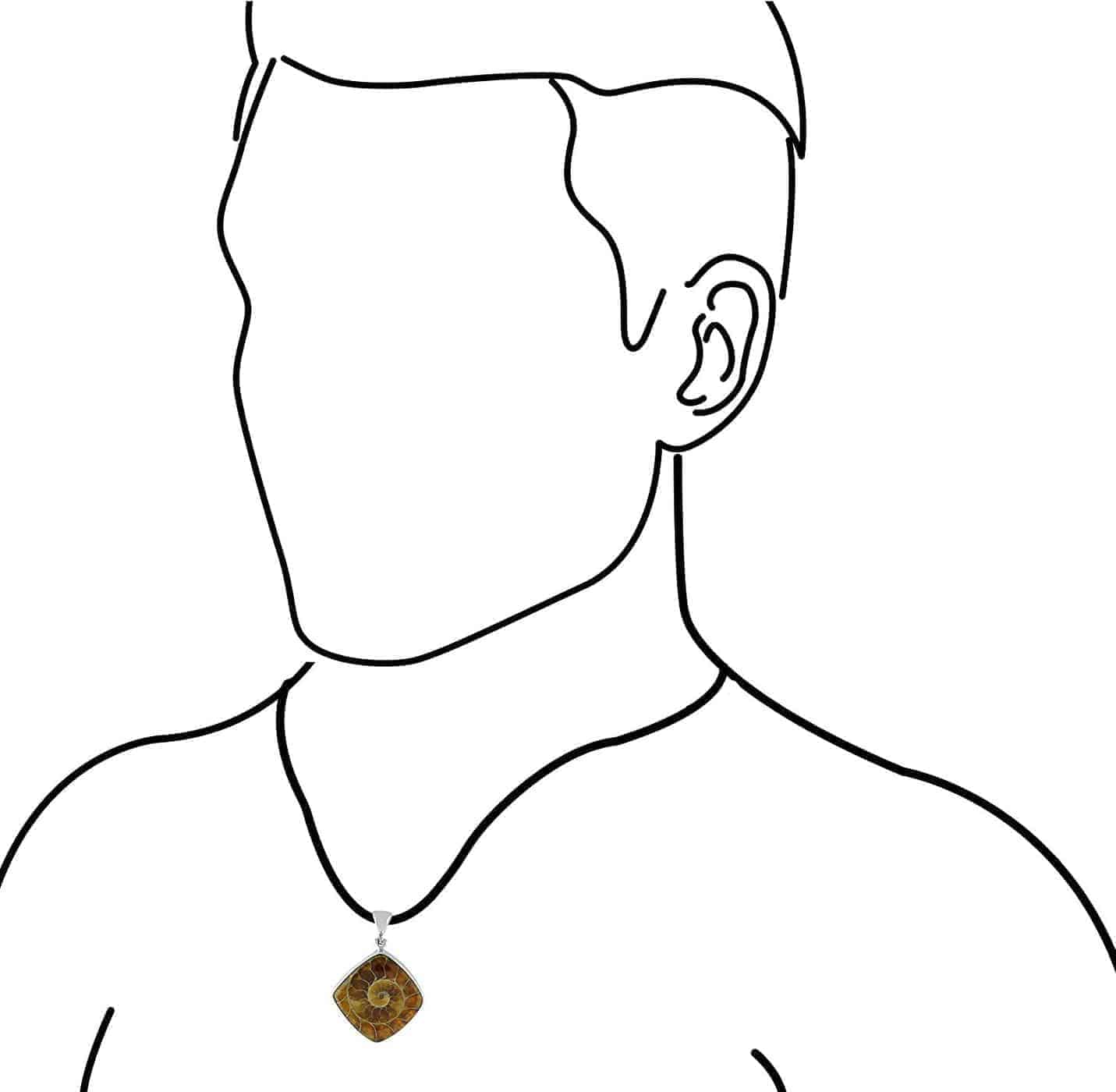 Illustration of a man wearing the ammonite pendant necklace for size reference.