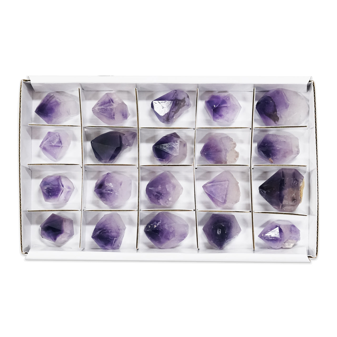 Alternate front view of twenty hourglass amethyst crystals showing the clear‑purple crystal points