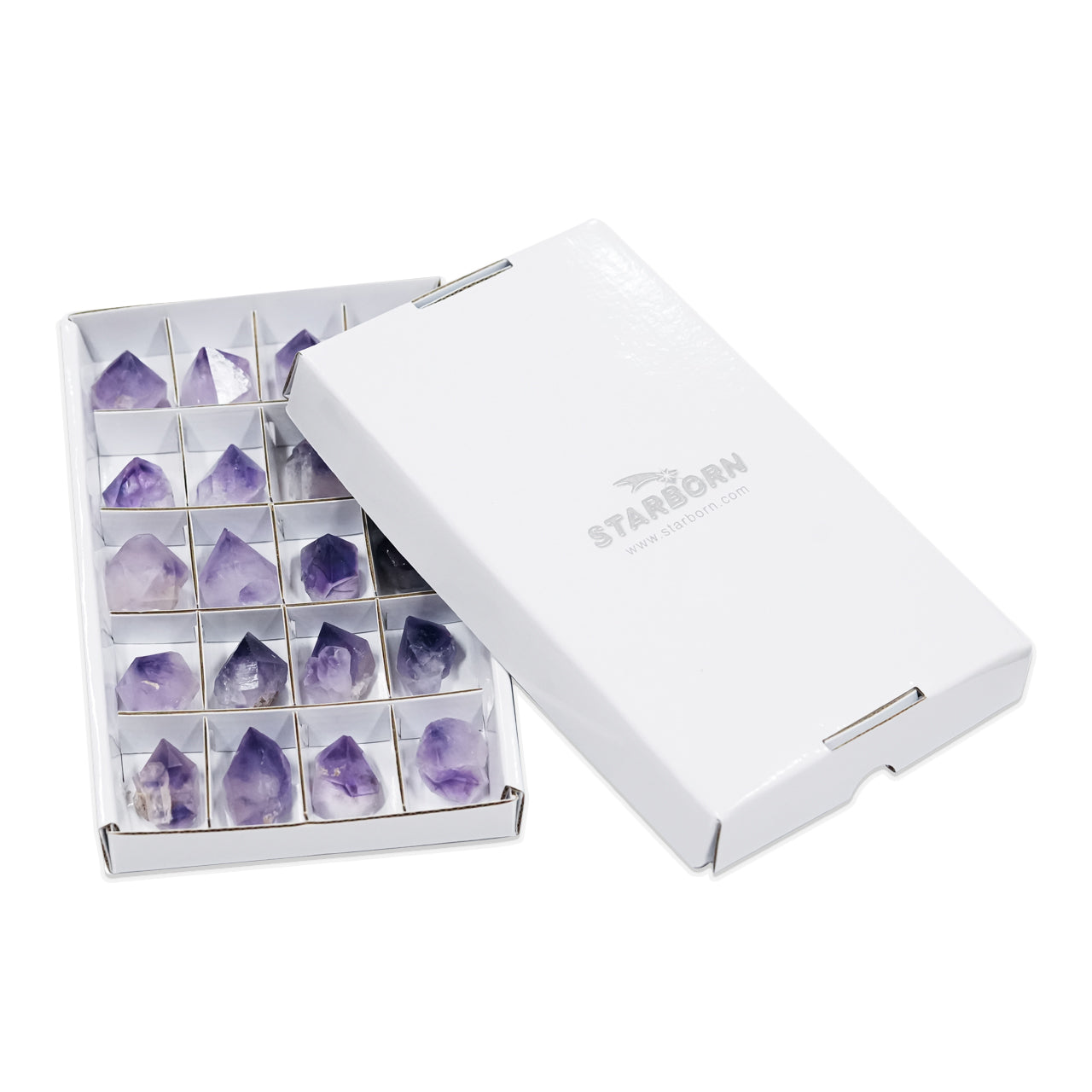Hourglass amethyst crystals shown with the protective storage box.