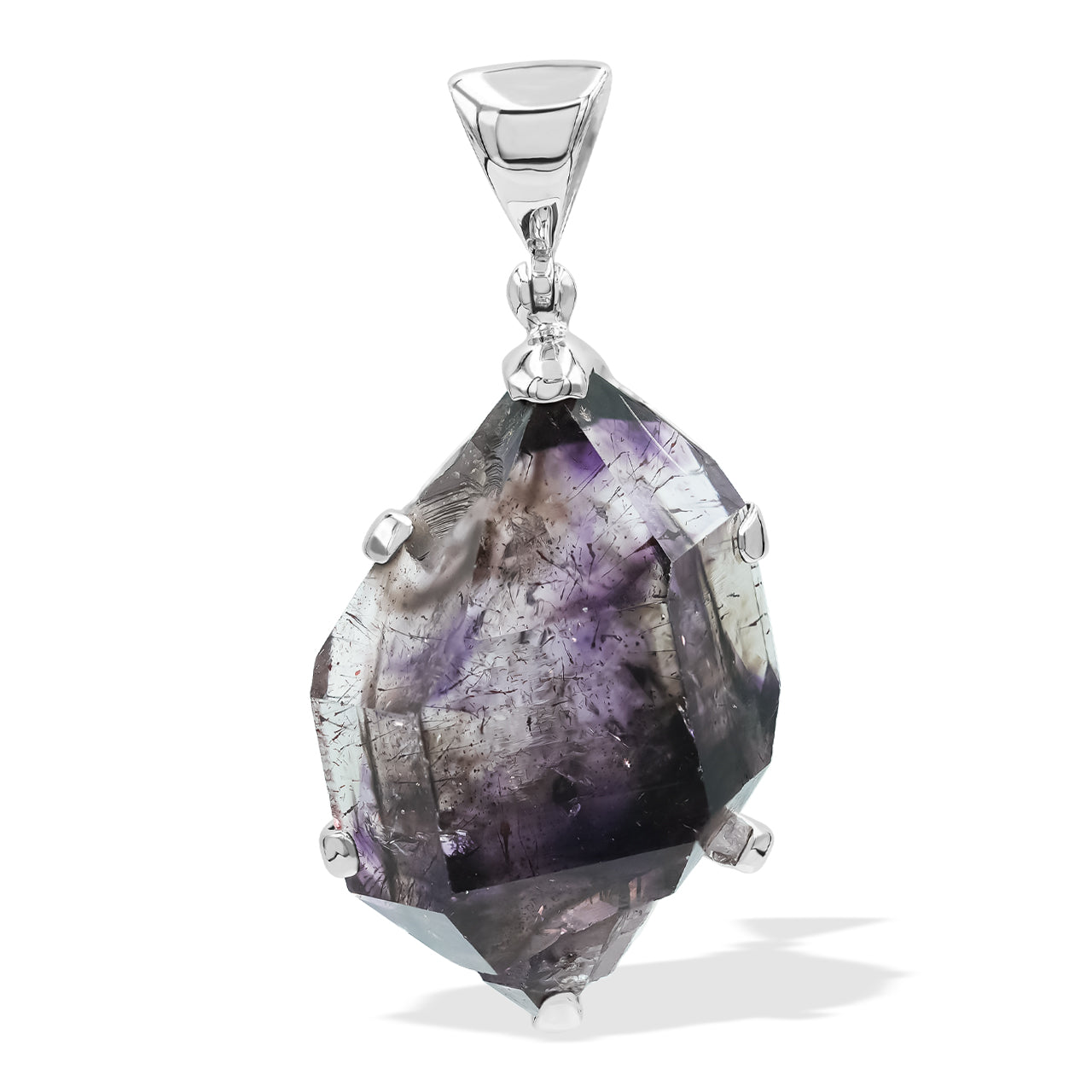 Third front view of a Shangaan Amethyst crystal pendant showing natural cystal shape with inclusions