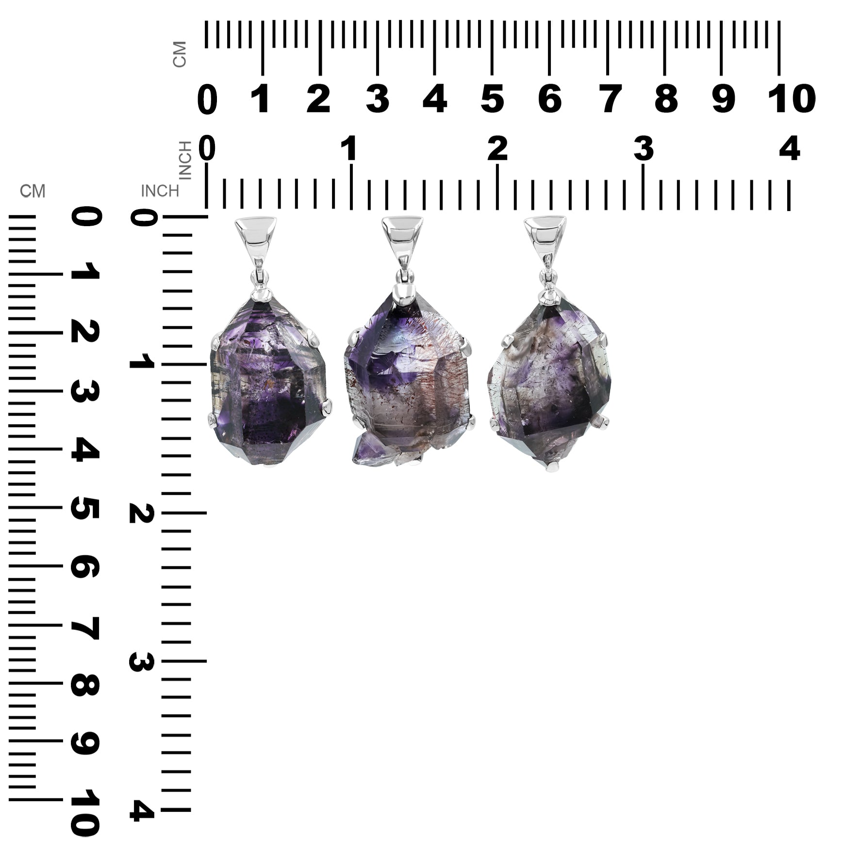 Three pieces of Shangaan Amethyst pendants next to measurement chart showing height and width in centimeters and inches.