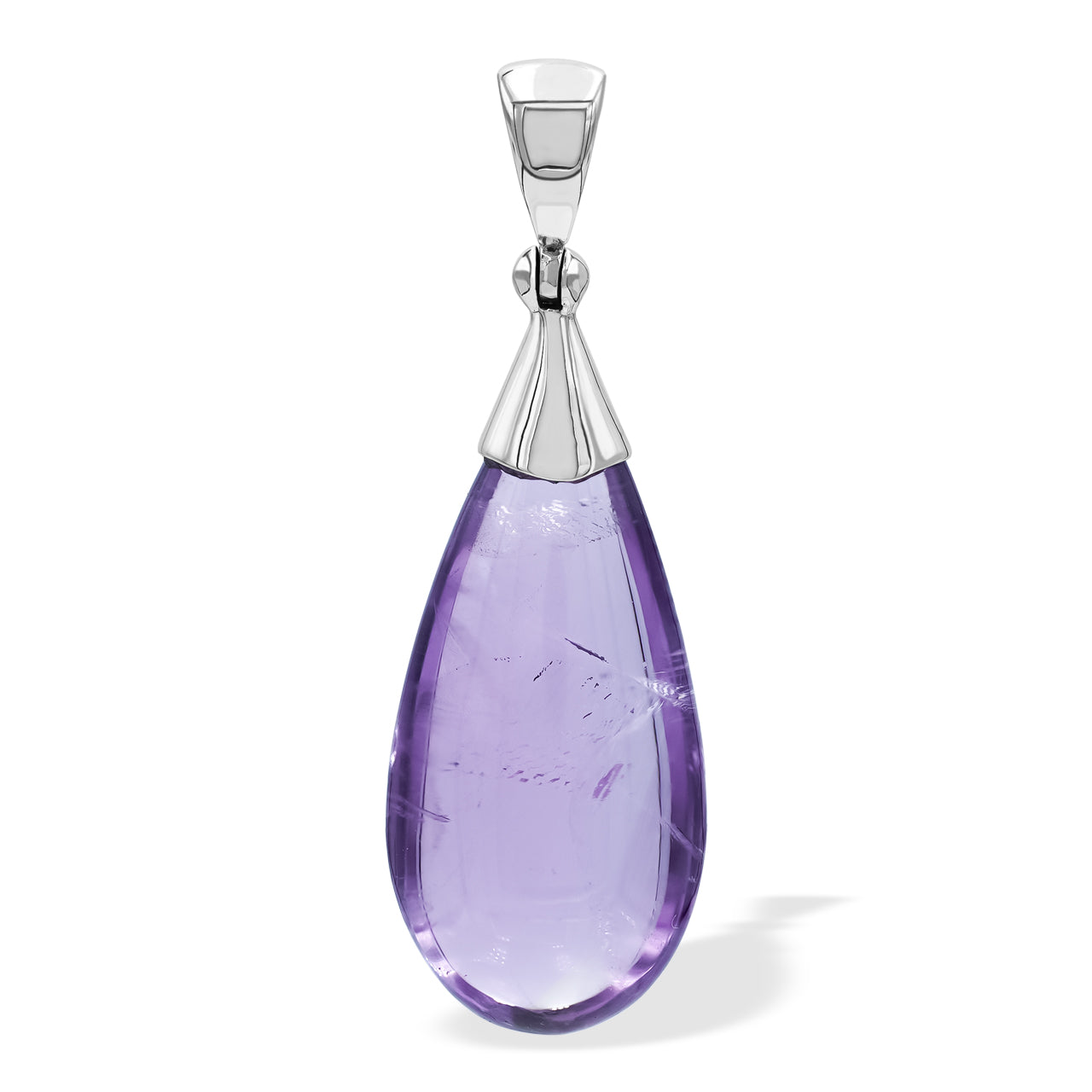 Second front view of a teardrop amethyst pendant with a sterling silver cap setting