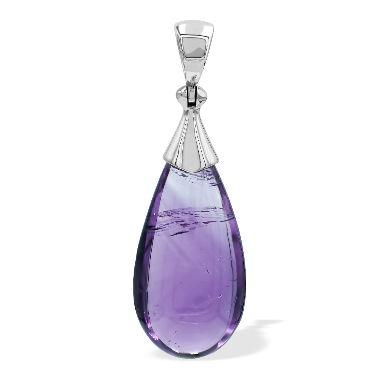 Front view of a teardrop amethyst pendant with a sterling silver cap setting