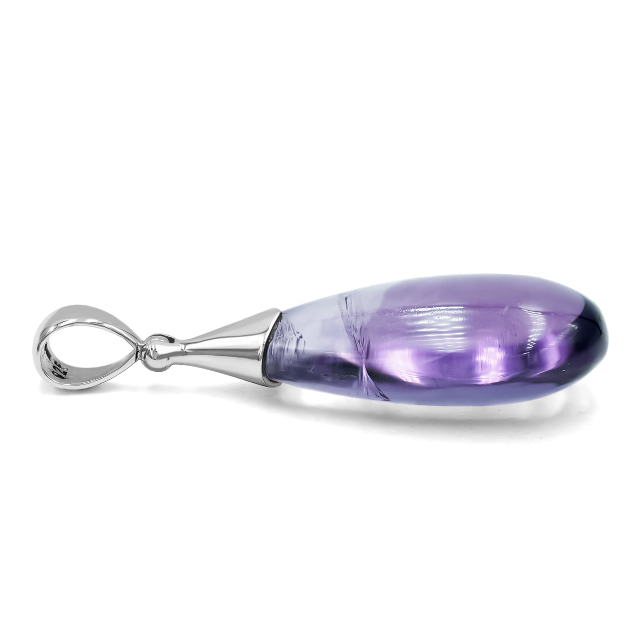 Side profile of a teardrop amethyst pendant showing the gemstone depth.
