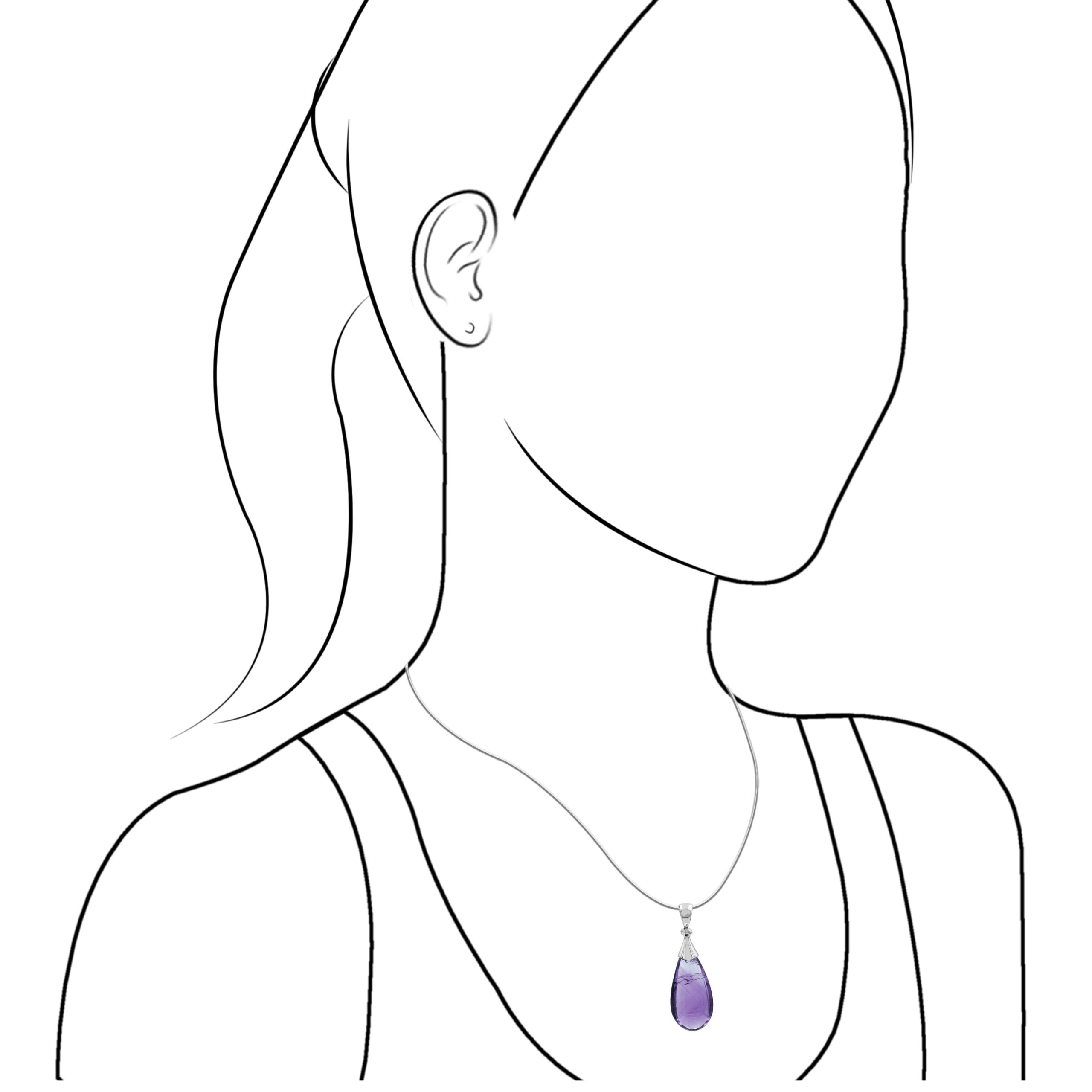 Illustration of a woman wearing a teardrop amethyst pendant necklace for size reference.
